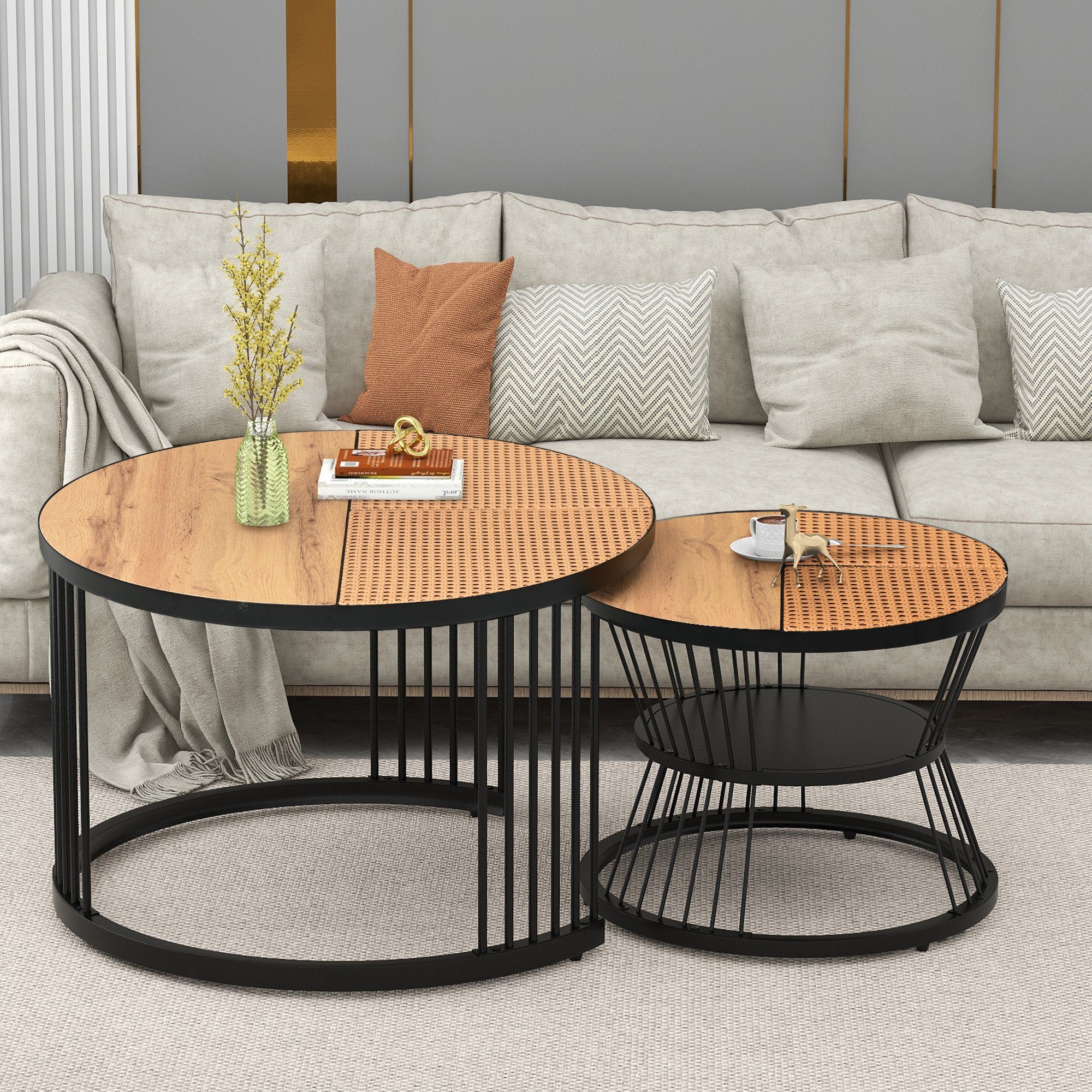 Couchtisch Sofa Schwarz Set, Seite Runde Satz Braun+Schwarz Beistelltisch Tischen OKWISH (Couchtisch Frame Farbe Satz von Furnier Endtische), 2, von Nest Marmor 2er und