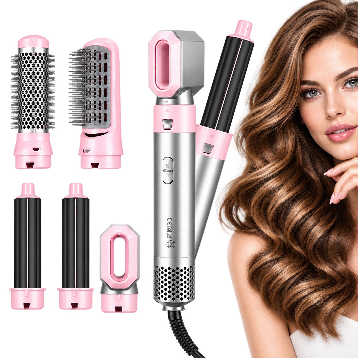 XEOOCE Multihaarstyler Multihaarstyler 5-in-1, Warmluftbürste, Locken, Glätten, Volumen, Rosa, 5-in-1-Funktion, 360° drehbares Kabel