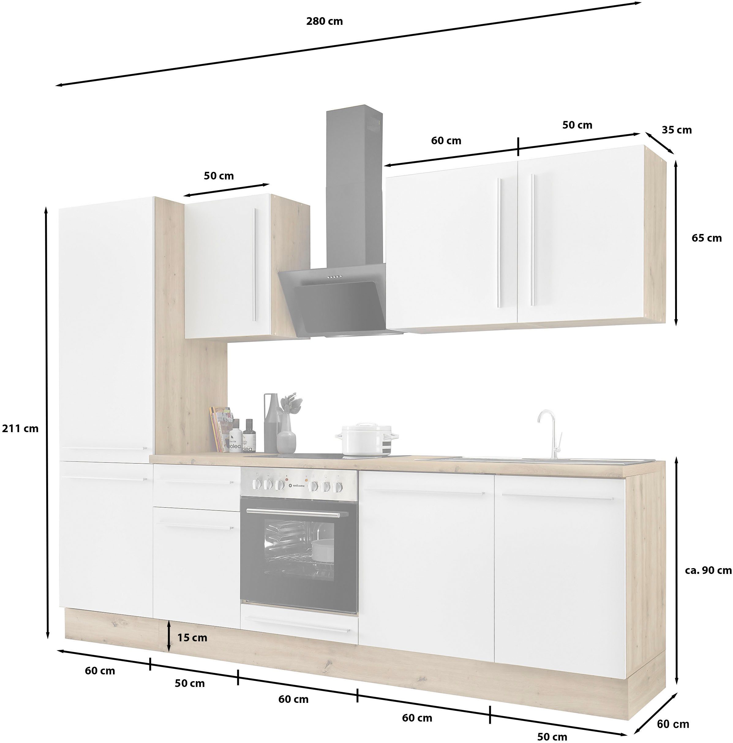 KOCHSTATION Küchenzeile KS-Florida mit 38mm starker Arbeitsplatte, Breite 280 cm, wahlweise mit E-Geräten, Soft-Close-Funktion