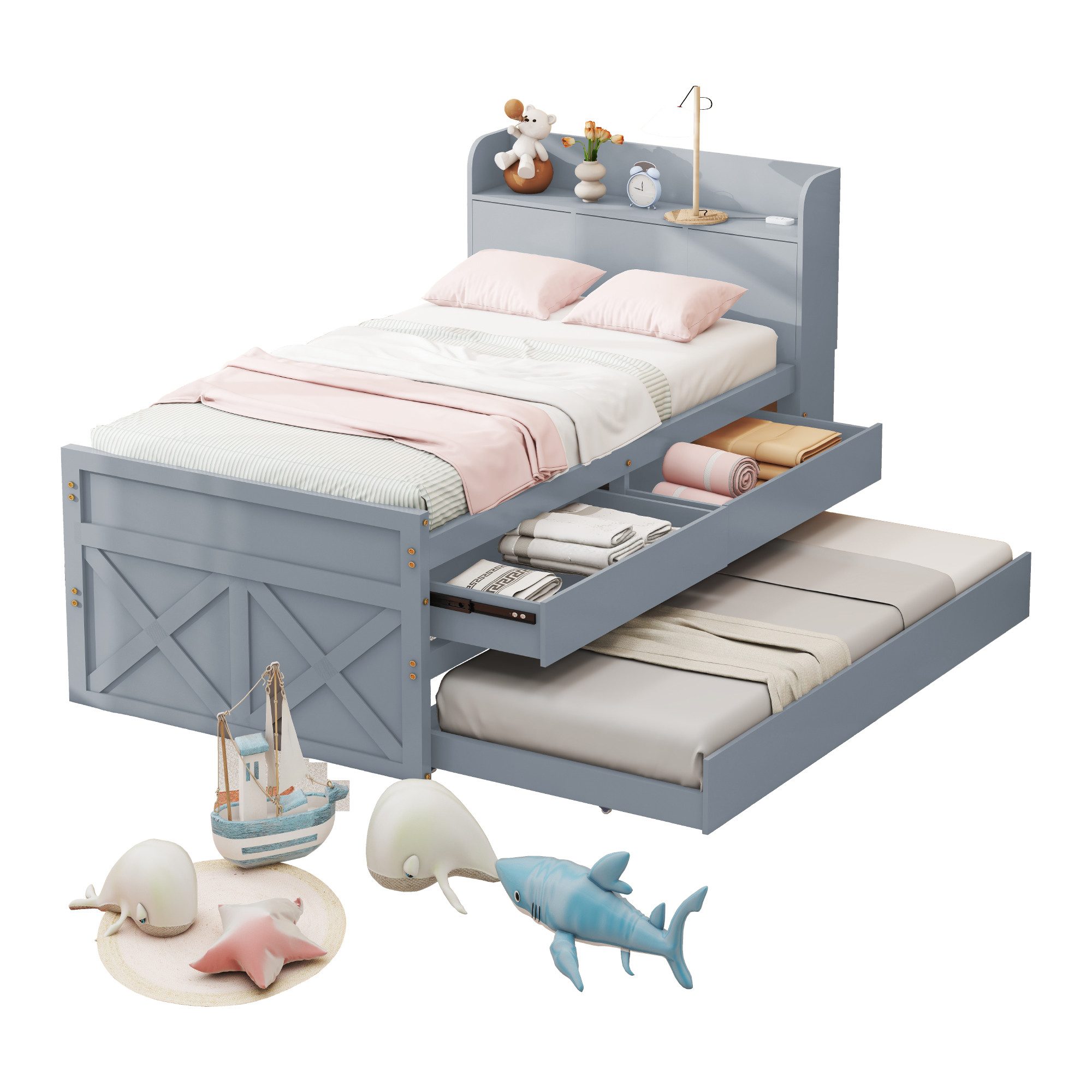 REDOM Stauraumbett Kinderbett mit ausziehbarer Schublade Lattenrost (Nachttisch mit Ablagen mit USB-Buchse, 90x190cm), ohne Matratze