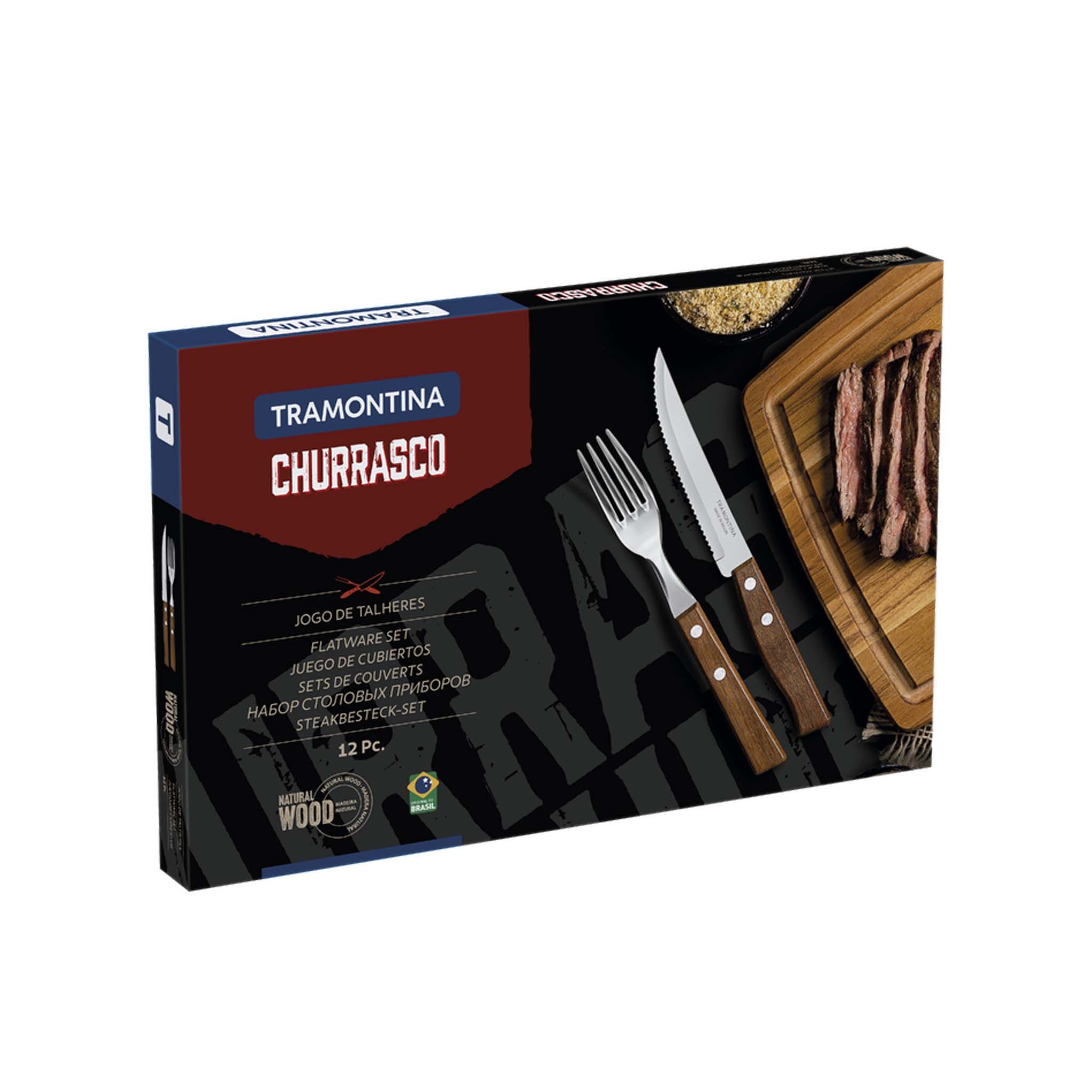 Tramontina Steakbesteck TRADICIONAL Steak-/Pizzabesteck - Holzgriff (12-tlg), 6 Personen, Edelstahl, 12-teiliges Set, rostfreier Edelstahl, Holzgriff