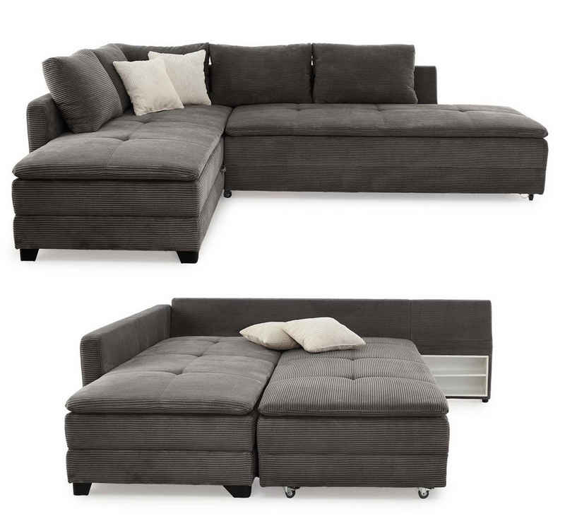 luma-home Ecksofa 15163, Dauerschläfer 307x223 cm, Schwenkteil L/R, Bettkasten, Nachtkonsole, Boxspring, Federkern, Wellenunterfederung, Topper, Bezug Cord Grau Anthrazit