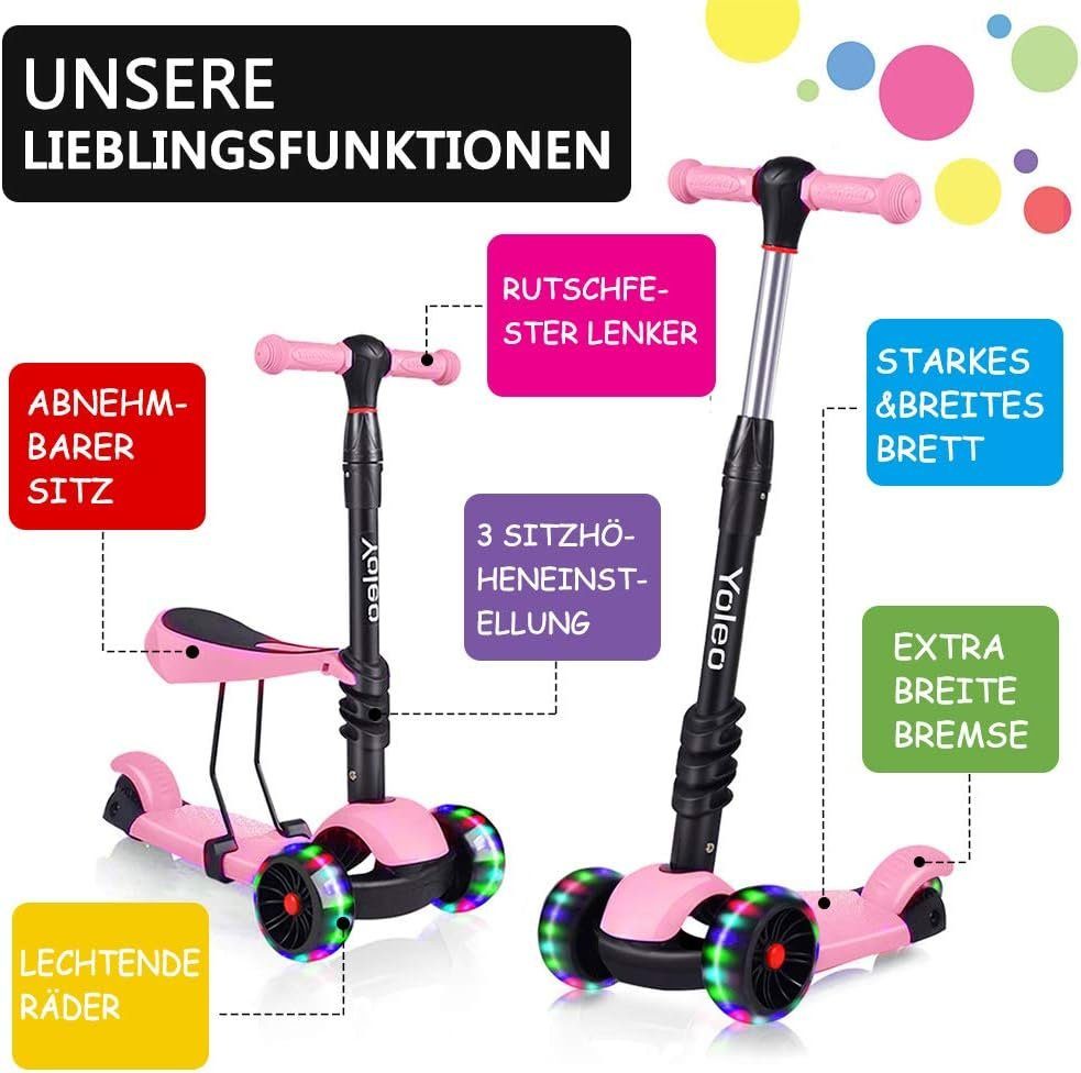 BremToy Scooter 3 in 1 Kinder Roller Scooter mit Sitz LED Räder ab 2 Jahre