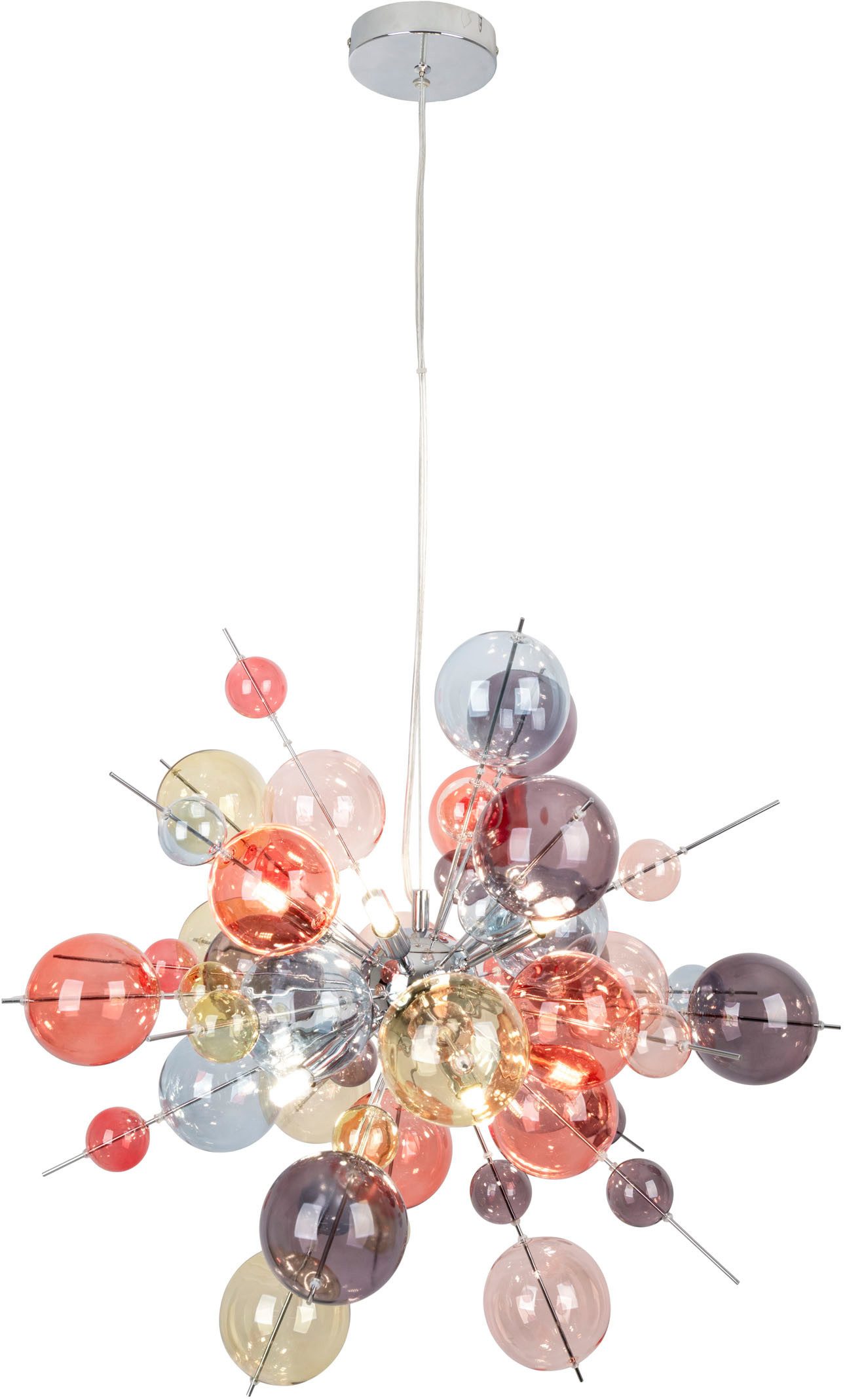 näve Pendelleuchte Explosion, ohne Leuchtmittel, kleine und große pastellfarbene Glaskugeln, 10x G9 exkl., Pendel klar