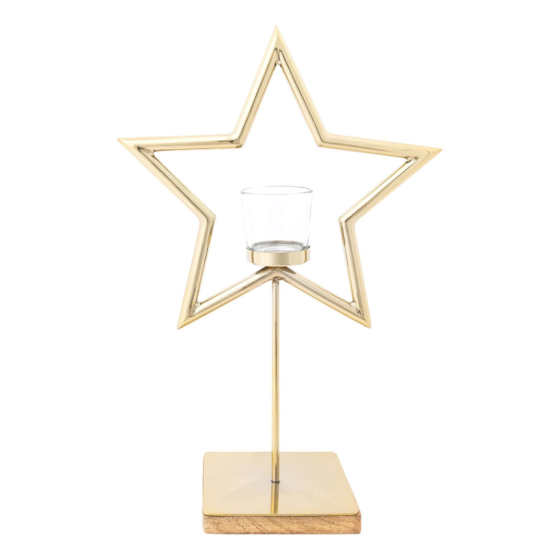 Georg Stiels Teelichthalter auf Stern-Design, Edelstahl St), (1 elegantes glänzender golden Mangoholz Base