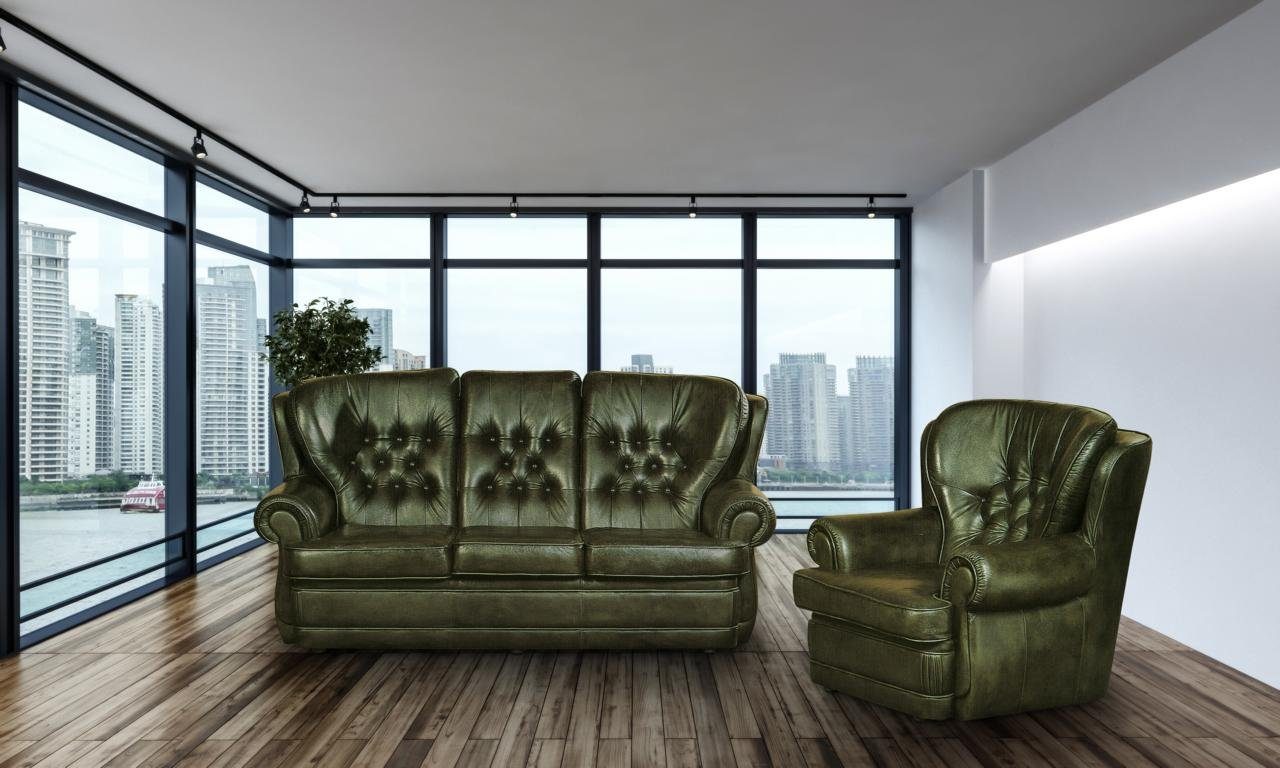 Salottini Polstergarnitur Chesterfield Sting Deluxe Sofagarnitur Leder 3/2/1 grün, (3-tlg), Taschenfederkern