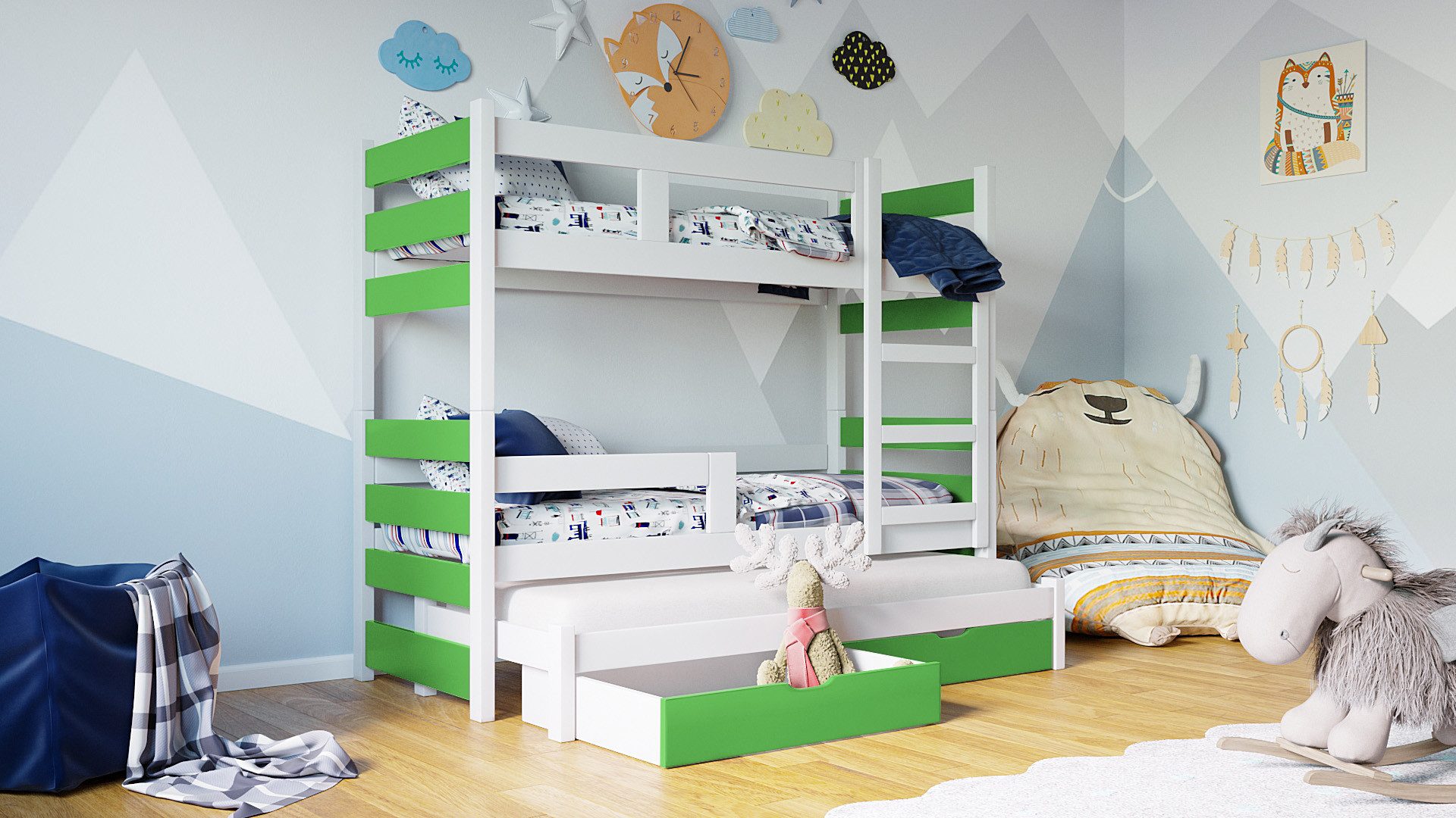thematys Hochbett Etagenbett mit Ausziehbett + Rausfallschutz INKL. 3 Matratzen 180x75cm (MADE IN EU-Kinderbett für Jungen und Mädchen, in Weiß, Grau, Natur, Rosa, Grün, Minze oder Blau, inklusive Lattenroste - Aus Kiefernholz und MDF Platten gefertigt) mit zwei Schubladen
