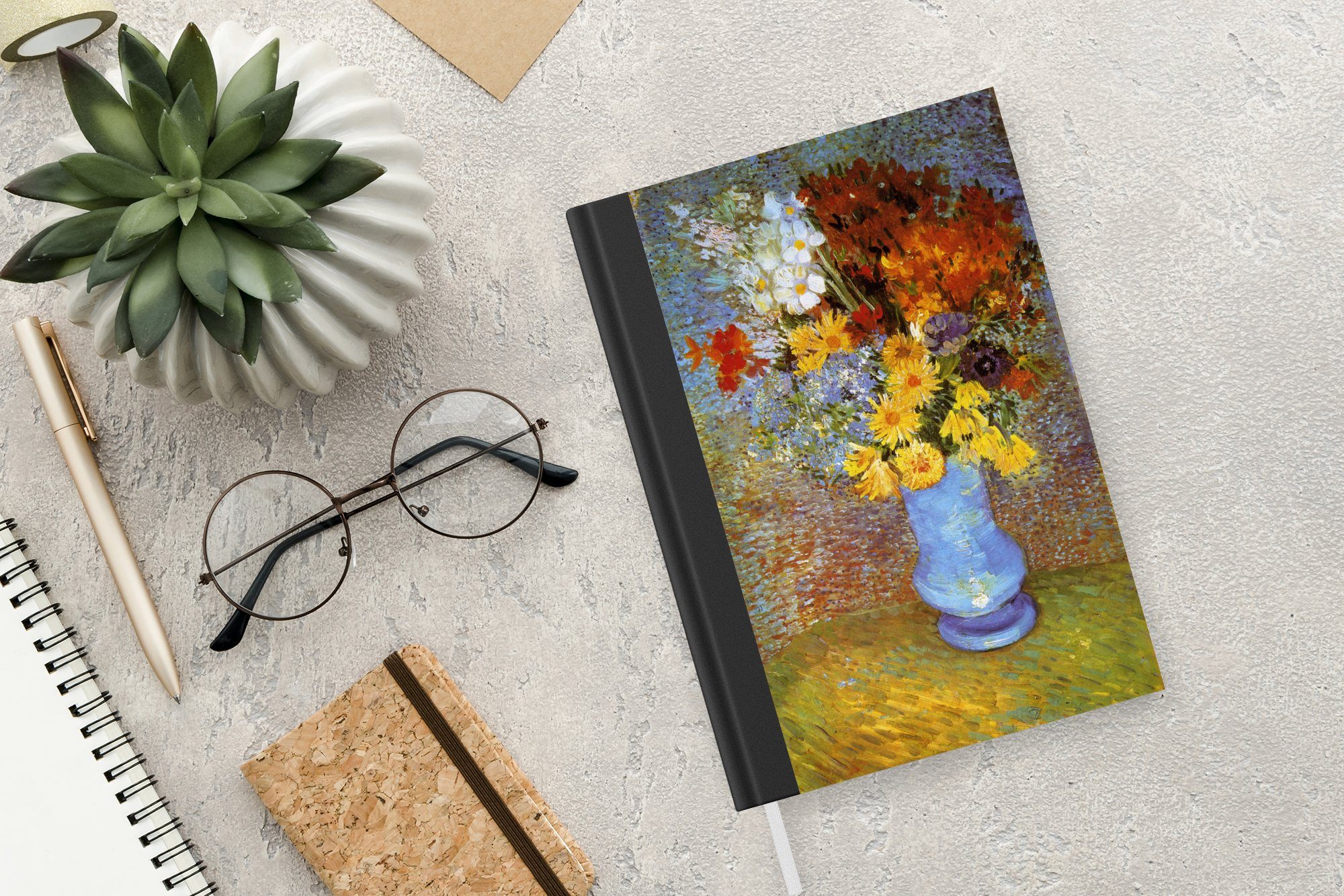 MuchoWow Notizbuch Vase Gogh, Anemonen A5, 98 Merkzettel, und Notizheft, Seiten, Gänseblümchen Vincent Journal, van - mit Haushaltsbuch Tagebuch