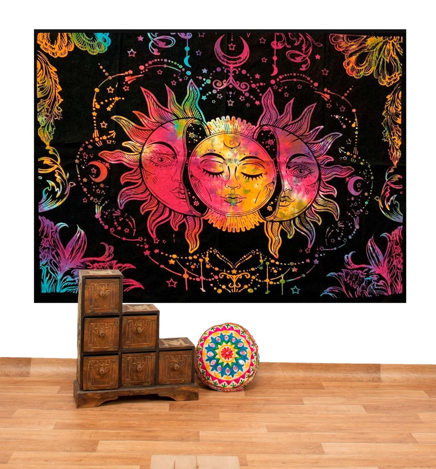KUNST UND MAGIE Wandteppich Tagesdecke Wandbehang Sonne Mond und Sterne Bunt XL ca. 200 x 230cm