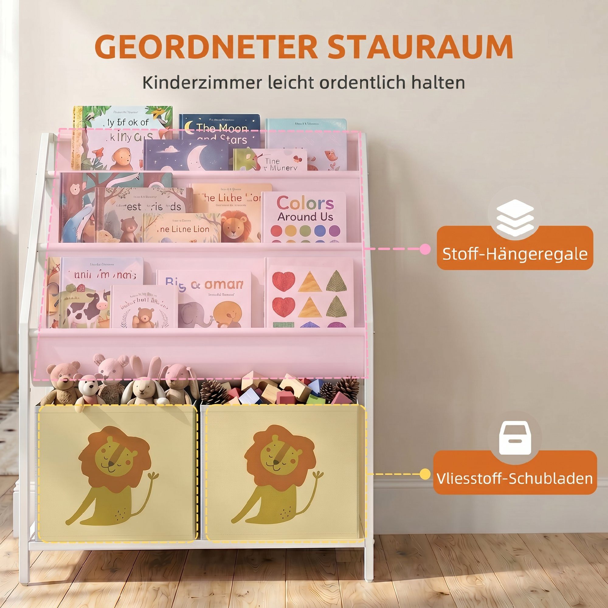 AIYAPLAY Kinderregal Bücherregal mit 2 offenen Fächer 3 Hängeregale, Set 1-tlg., für Kinderzimmer 60 x 30 x 76 cm Weiß – Bild 4 von 5