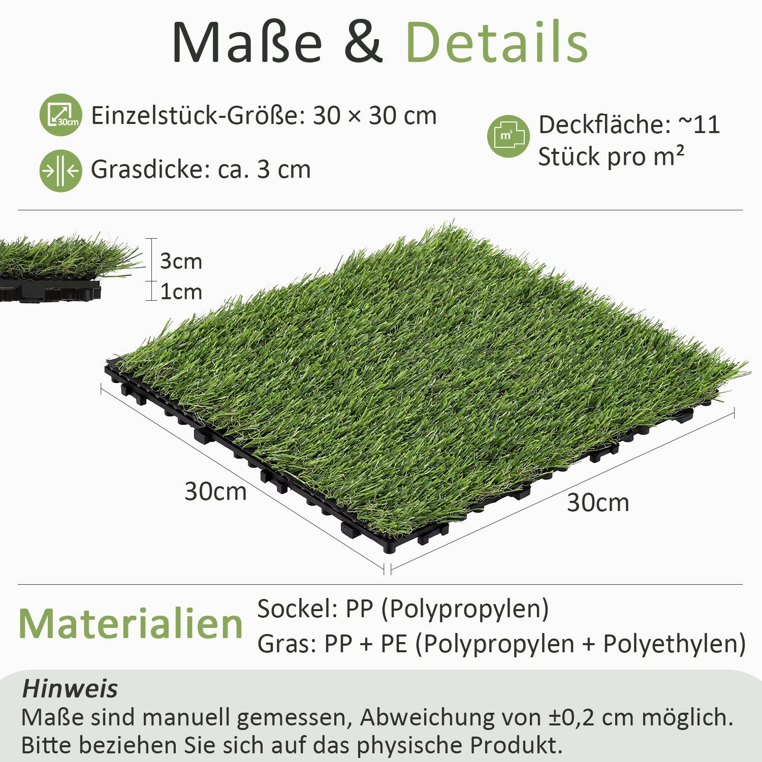Clanmacy Kunstrasen Kunstrasen Terrassenfliesen 110x 30x30cm 10m² Drainage-Klicksystem