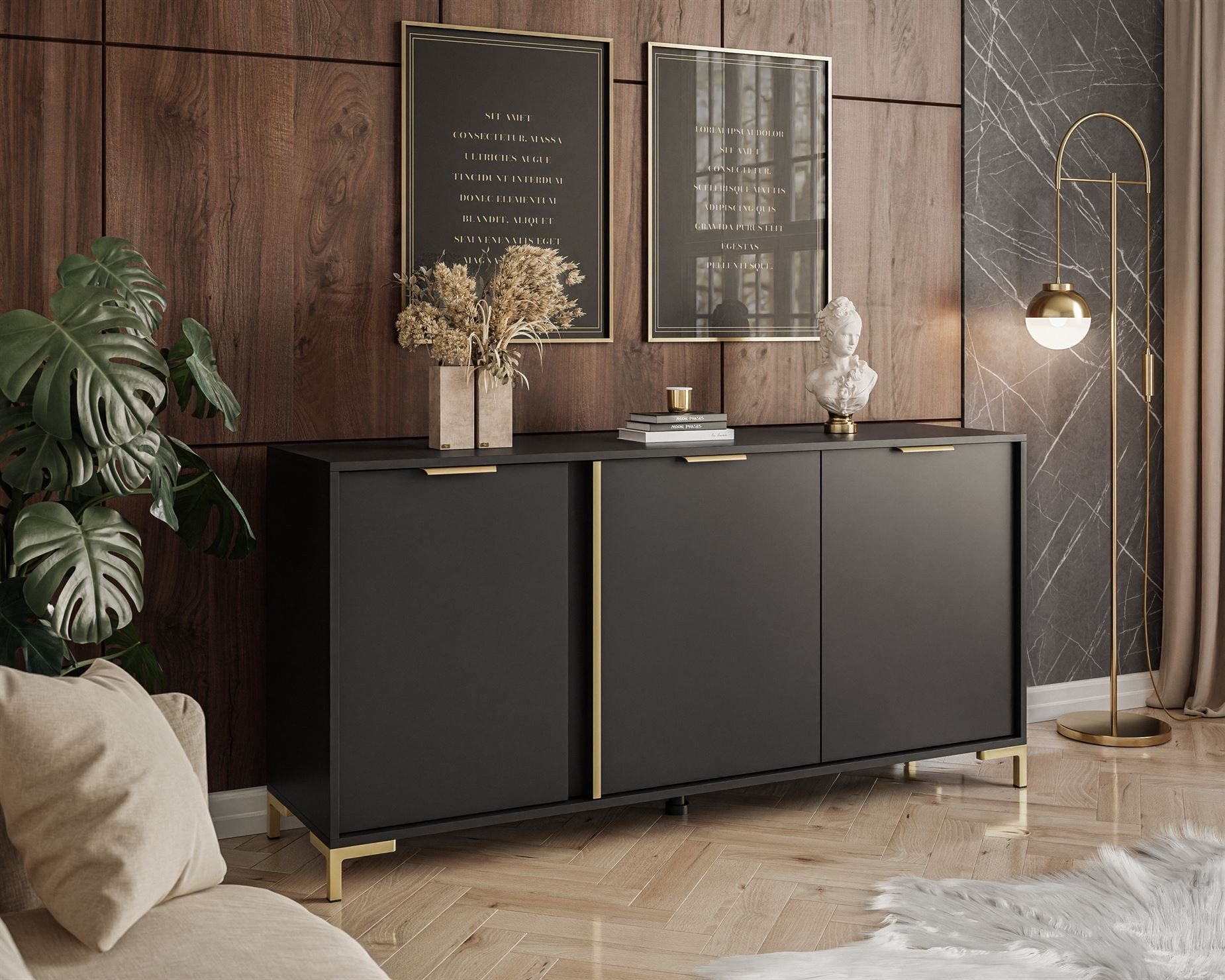 ALLHOUSE24 Kommode LARA 153 cm Anthrazit Gold Dreitürige Sideboards (1x Kommode), Breite 153 cm