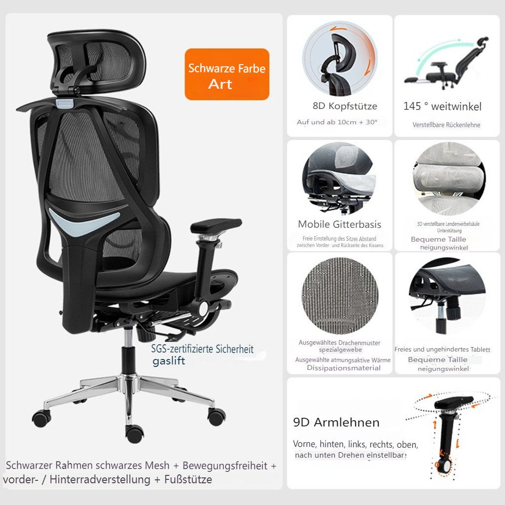 MECO Gaming-Stuhl Mesh-Bürostuhl mit 8D-Kopfstütze, 3D-Lendenstütze, 9D-Armlehnen, ergonomischer Schreibtischstuhl mit 145° Neigung, atmungsaktiv