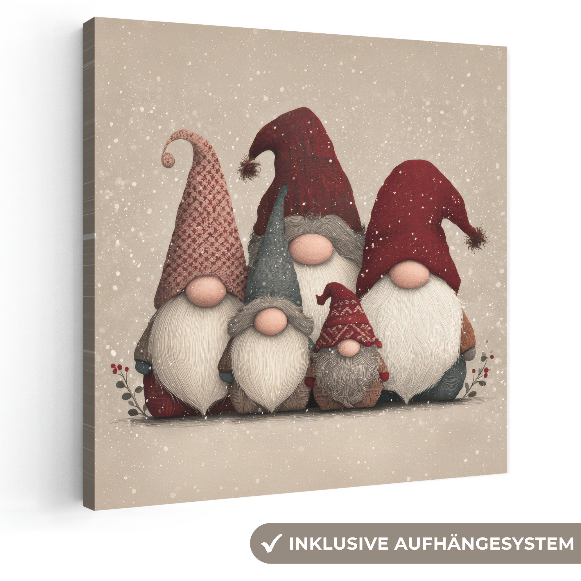 OneMillionCanvasses® Leinwandbild Wichtel - Weihnachten - Schnee - Zipfelmützen, Fotodruck (1 St), Wandbild, Deko Schlafzimmer Wohnzimmer Flur 20x20 cm