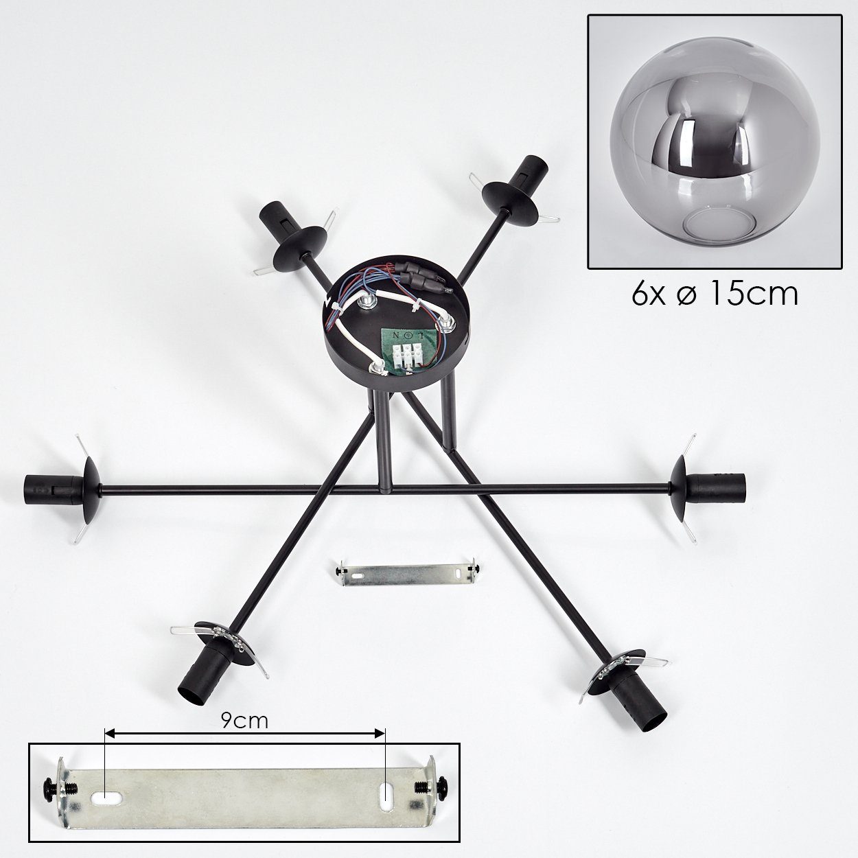hofstein Deckenleuchte Deckenlampe aus Metall/Glas in Schwarz/Rauchfarben, ohne Leuchtmittel, moderne Leuchte mit Glasschirmen (15 cm), 6 x E14, ohne Leuchtmitt – Bild 5 von 5