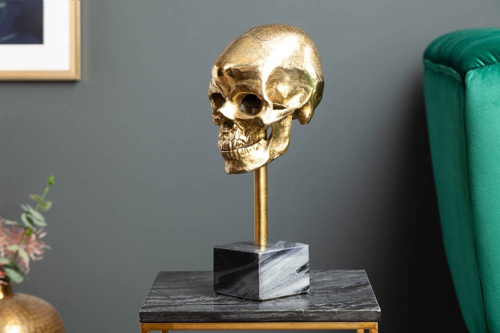 riess-ambiente Dekofigur SKULL 35cm gold / grau (Einzelartikel, 1 St), Metall-Schädel · Totenkopf mit Marmor-Fuß · Skulptur · Wohnzimmer