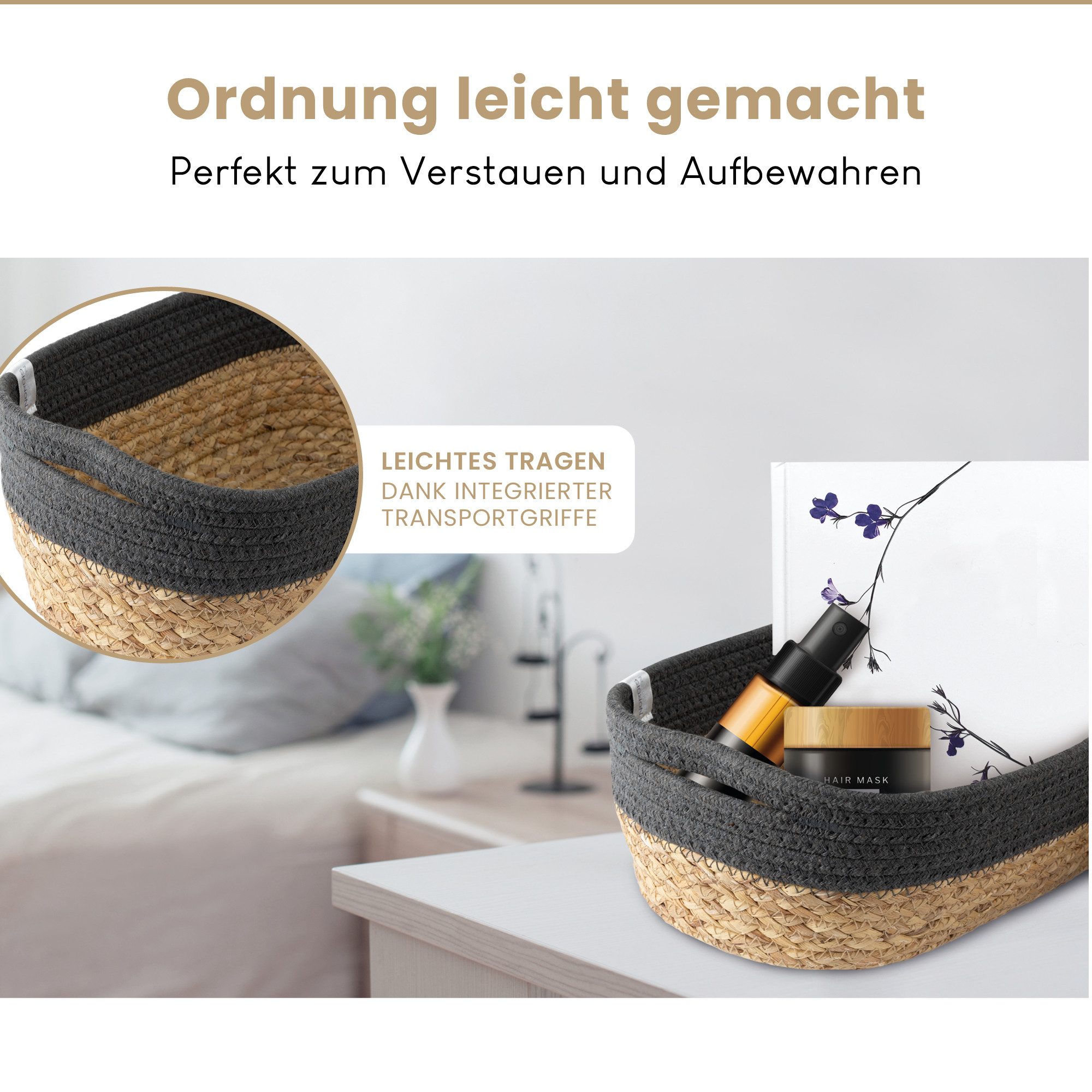 NORDIS DESIGN Aufbewahrungskorb Set "Alina" aus natürlicher Baumwolle und Wasserhyazinthe, (2er Set), Dekokorb geflochten für Bad, Babyzimmer und Schlafzimmer