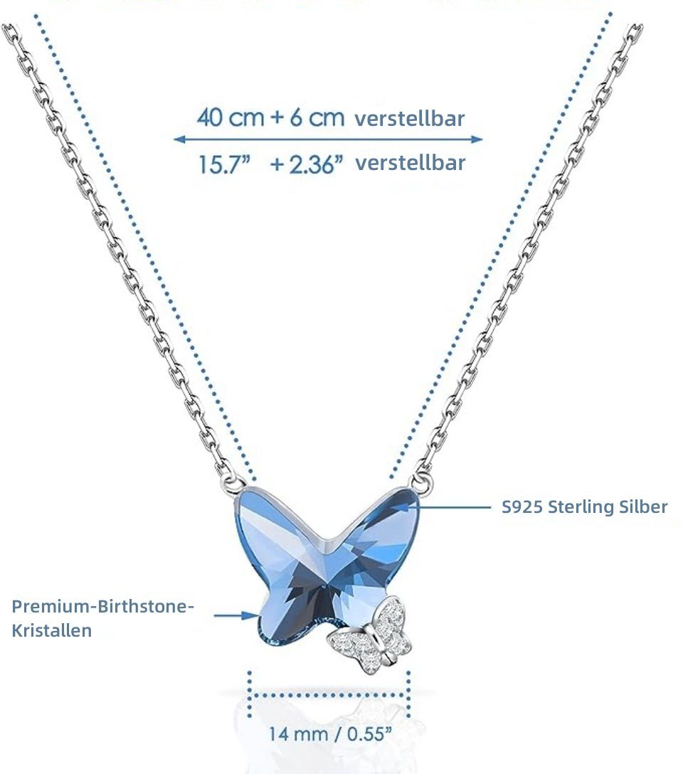 Damen Kette Halsband Sterling Jubiläum Kette Silber mit Halsketten S925 Edelstein Muttertag Weihnacht Anhänger Geschenk Schmetterling Frauen Schmuck Geburtstag Mama), Freundin Valentinstag Mädchen Anhängerkette Hochzeit WISHDOR Kristallen Birthstone Anhänger (allergiefreies Geburtsstein Halskette Geschenkbox,