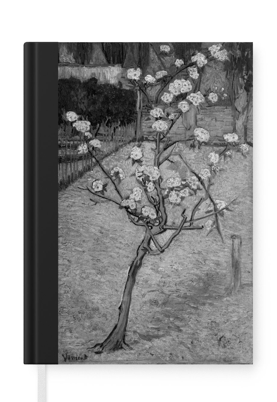 MuchoWow Notizbuch Birnbaum in Blüte - Vincent van Gogh - Schwarz und weiß, Journal, Merkzettel, Tagebuch, Notizheft, A5, 98 Seiten, Haushaltsbuch