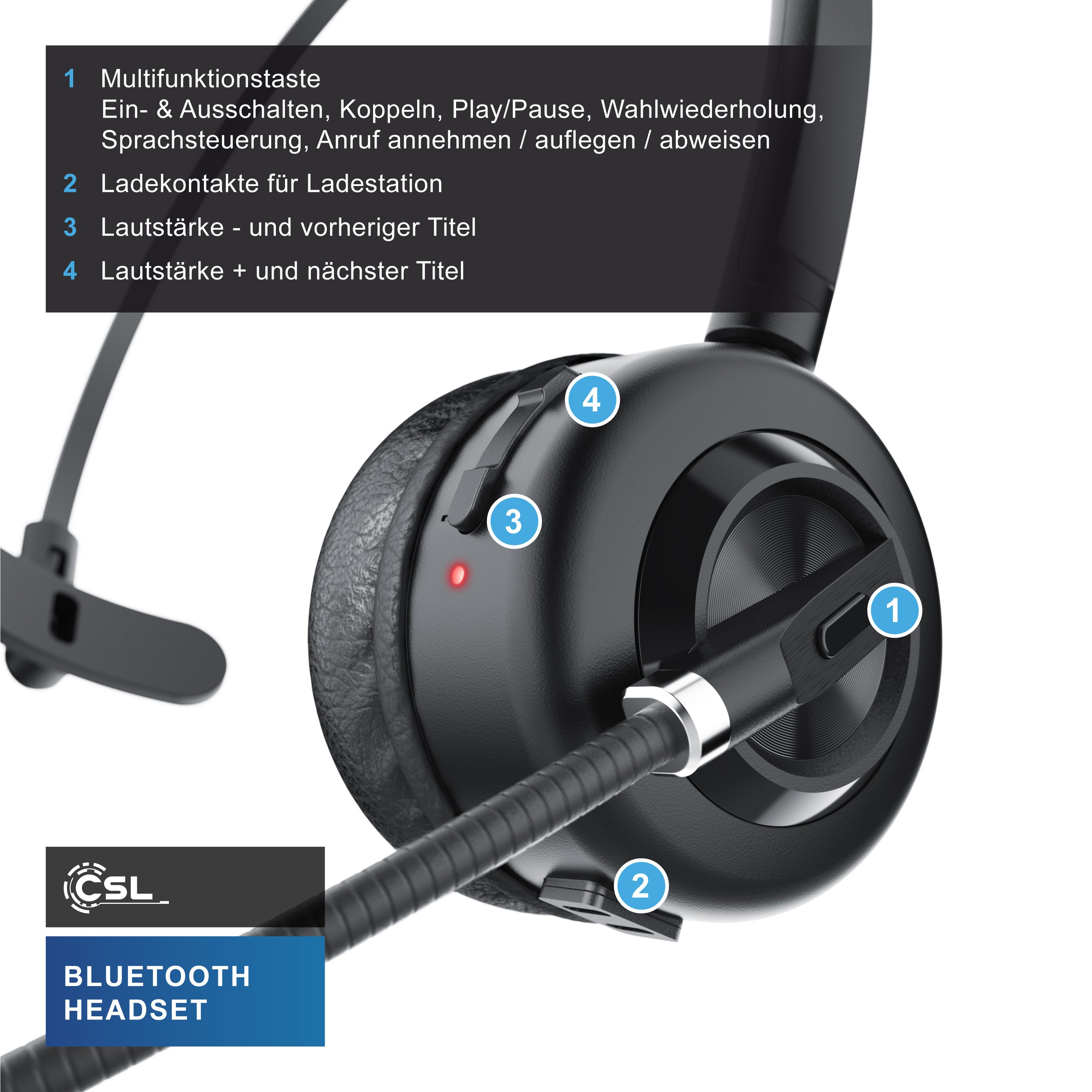 CSL Bluetooth Headset, BT 5.3, Mikrofon, Wireless-Headset (Bluetooth, Kopfhörer mit Ladestation, Noise Cancel & Multipoint)