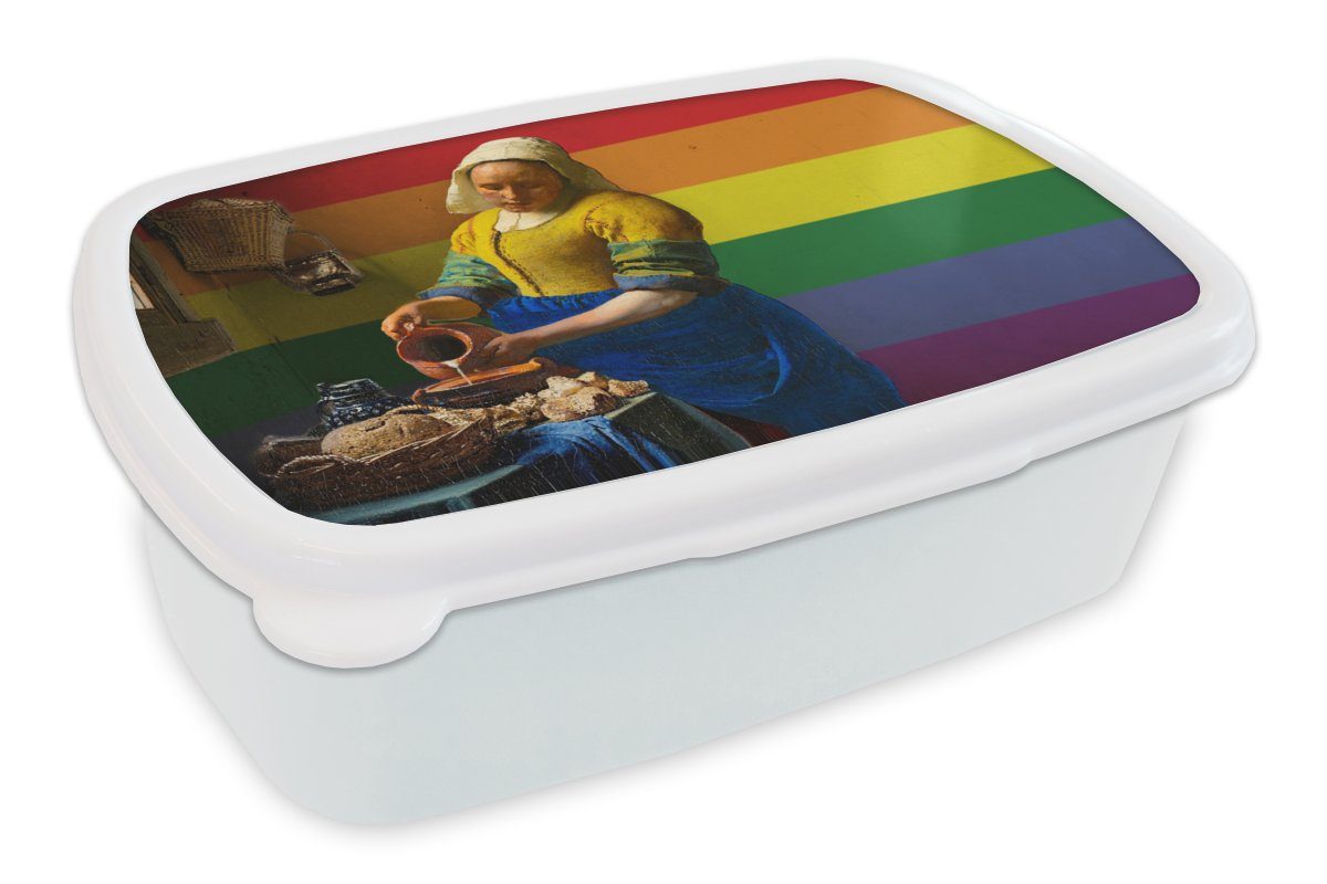 MuchoWow Lunchbox Milchmädchen - Vermeer - Stolz, Kunststoff, (2-tlg), Brotbox für Kinder und Erwachsene, Brotdose, für Jungs und Mädchen weiß