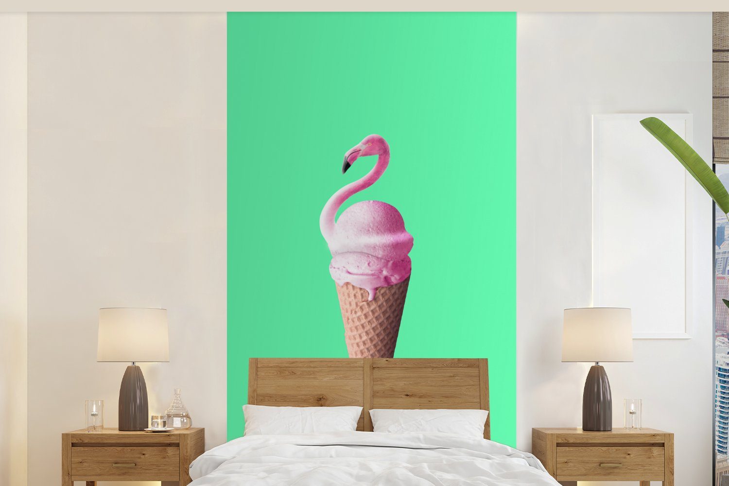 MuchoWow Fototapete Eistüten - Eiscreme - Flamingo - Rosa - Grün, Matt, bedruckt, (2 St), Vliestapete für Wohnzimmer Schlafzimmer Küche, Fototapete