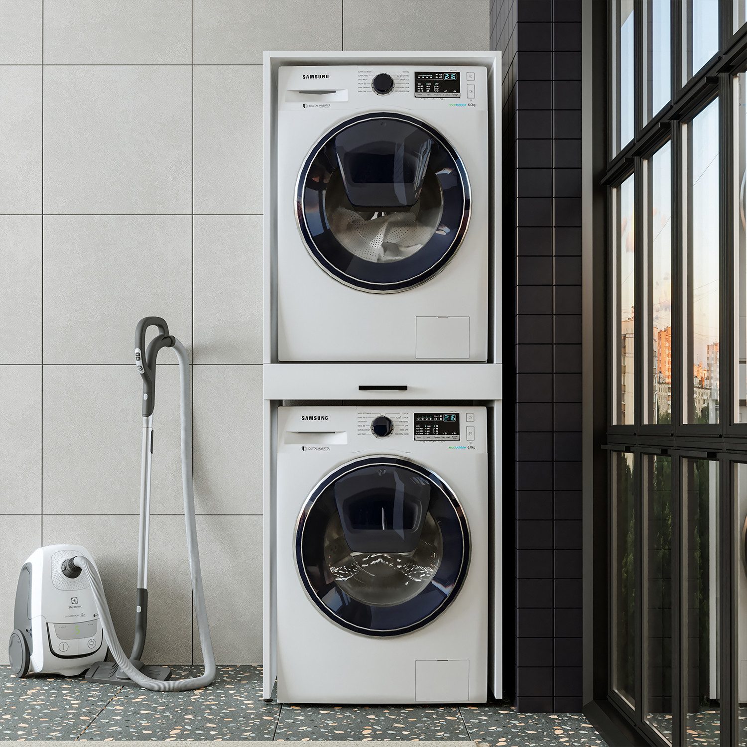 Roomart Waschmaschinenumbauschrank Waschturm für Waschmaschine & Trockner mit Ausziehbrett & Hochschrank (Waschmaschinenschrank für Trockner und Waschmaschine Überbauschrank)