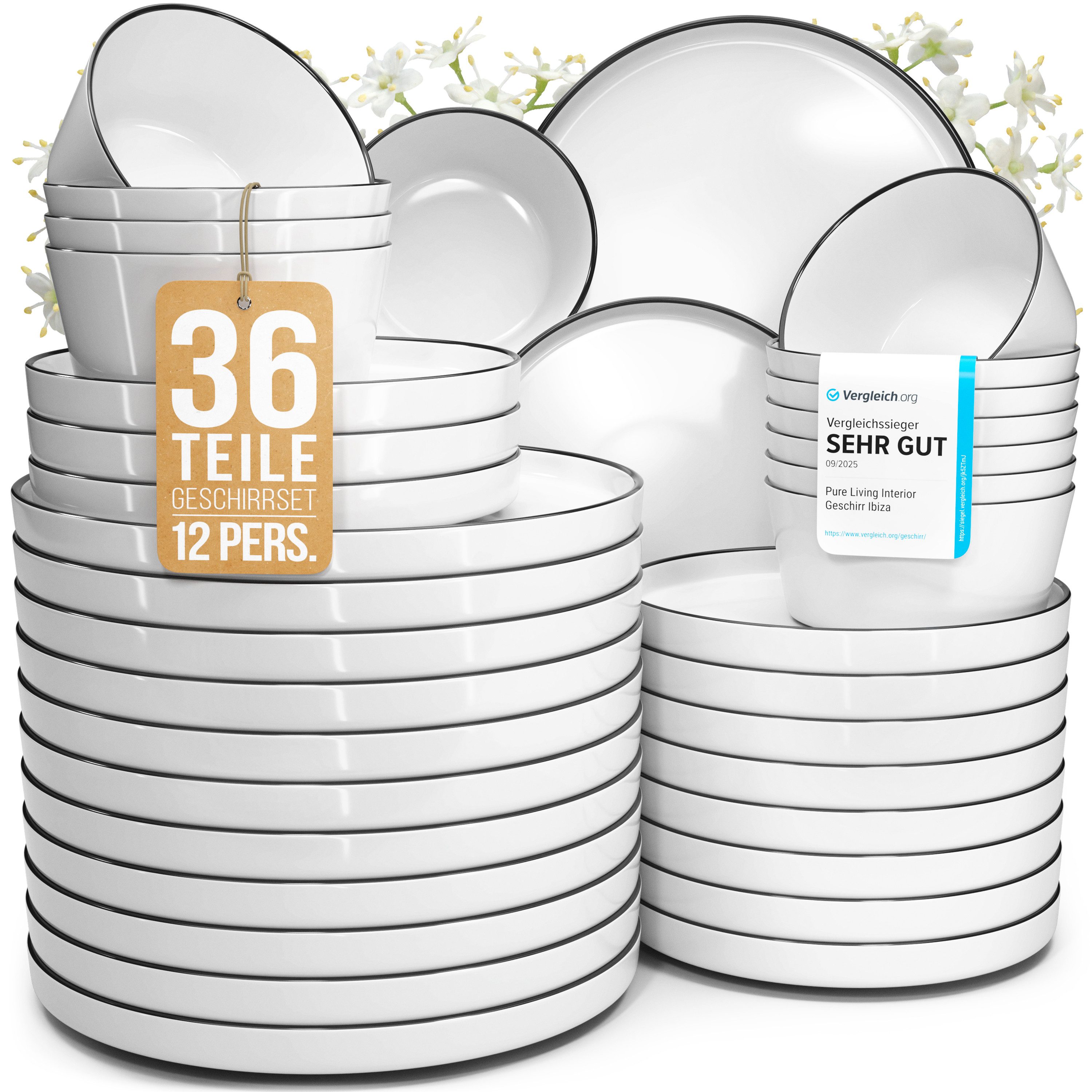 PURE LIVING INTERIOR DESIGN Geschirr-Set Scandi aus Porzellan, 36-tlg., für 12 Personen, Weiß - Schwarzer Rand (36-tlg), 12 Personen, Porzellan