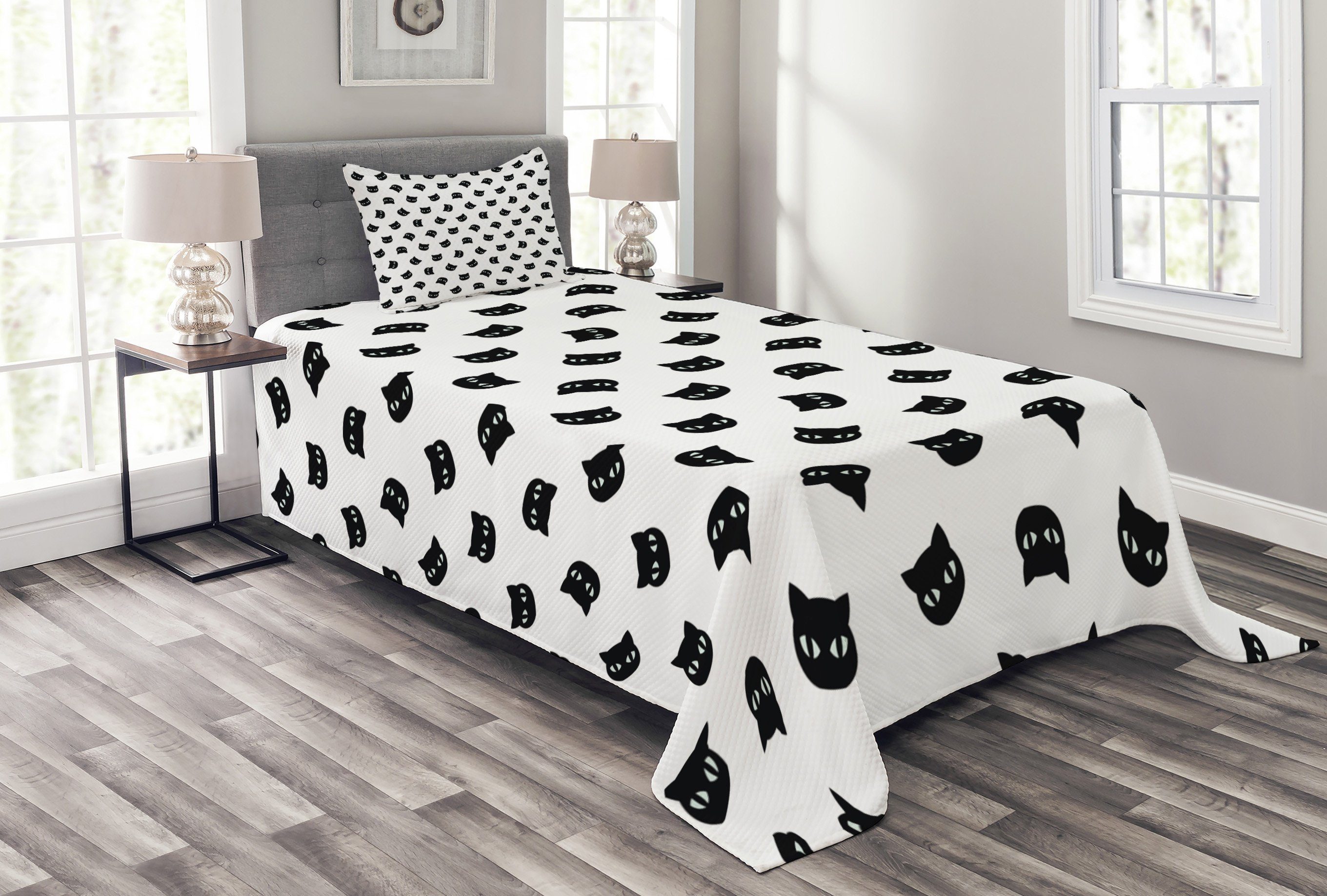 Tagesdecke Set mit Kissenbezügen Waschbar, Abakuhaus, Schwarz und weiß Katzenportraits