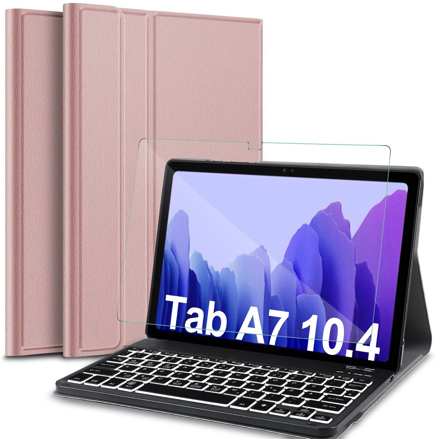 Sross für Samsung Galaxy TAB A7 Tastatur Schwarz Kabellose Bluetooth QWERTZ Samsung Galaxy TAB A7 10.4 Zoll 2020 Tastatur mit Panzerglas Samsung Galaxy TAB A7 10,4 2020 Tastatur