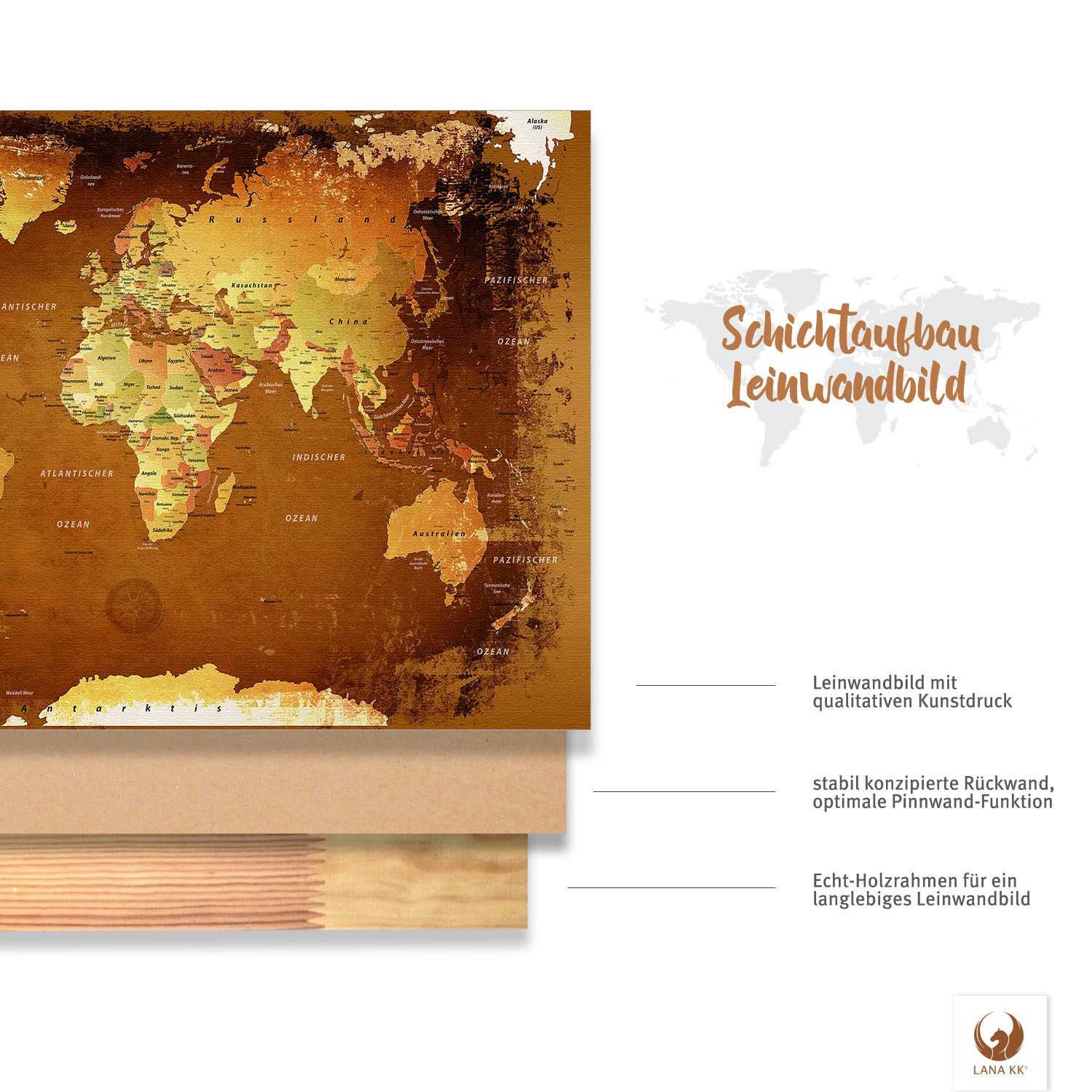 LANA KK Leinwandbild Weltkarte Pinnwand zum markieren von Reisezielen, deutsche Beschriftung