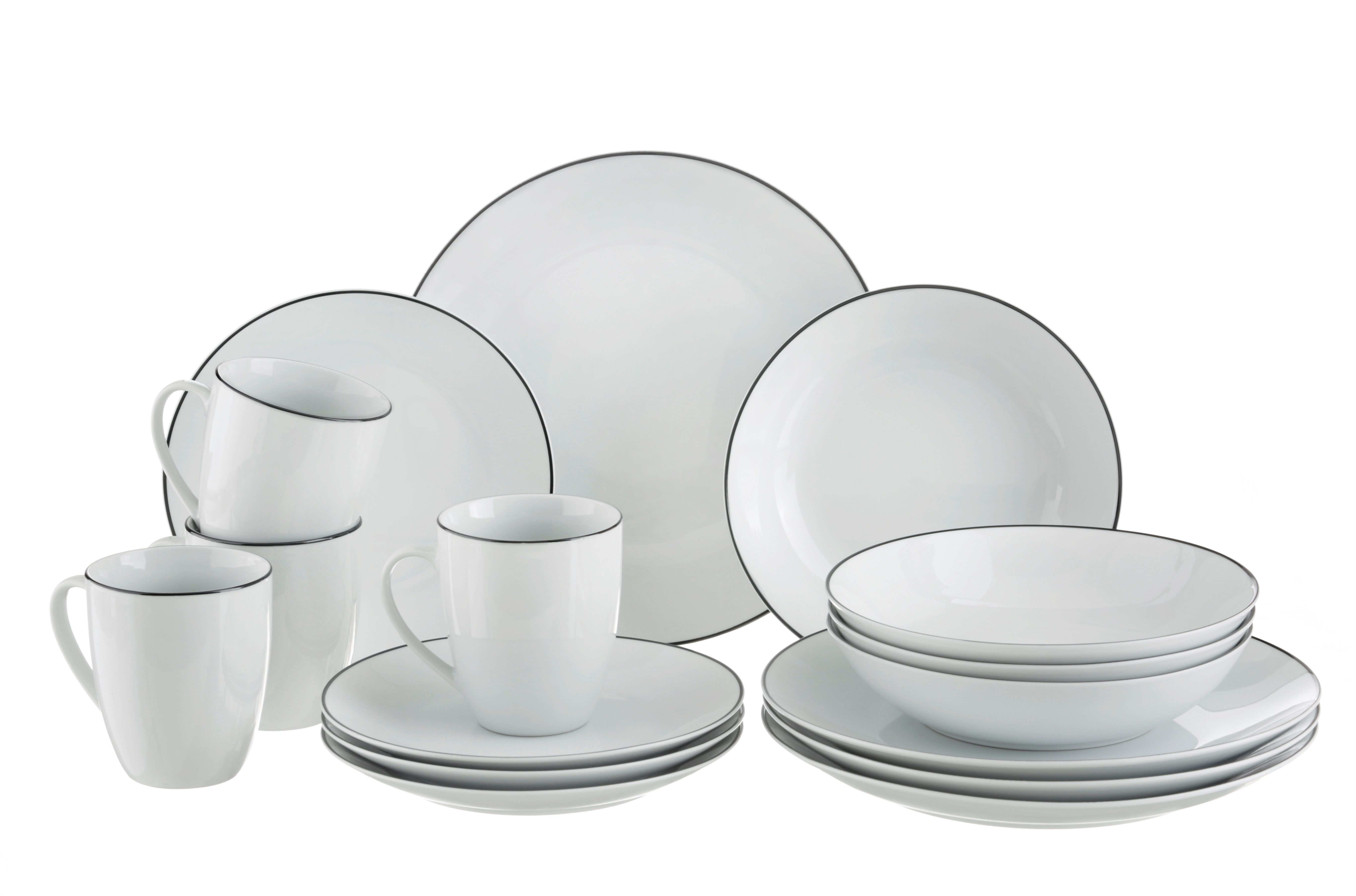 my home Kombiservice Madeline (16-tlg), 4 Personen, Porzellan, Geschirr, trendige Coupeform, handgemalte, schwarzes Liniendekor