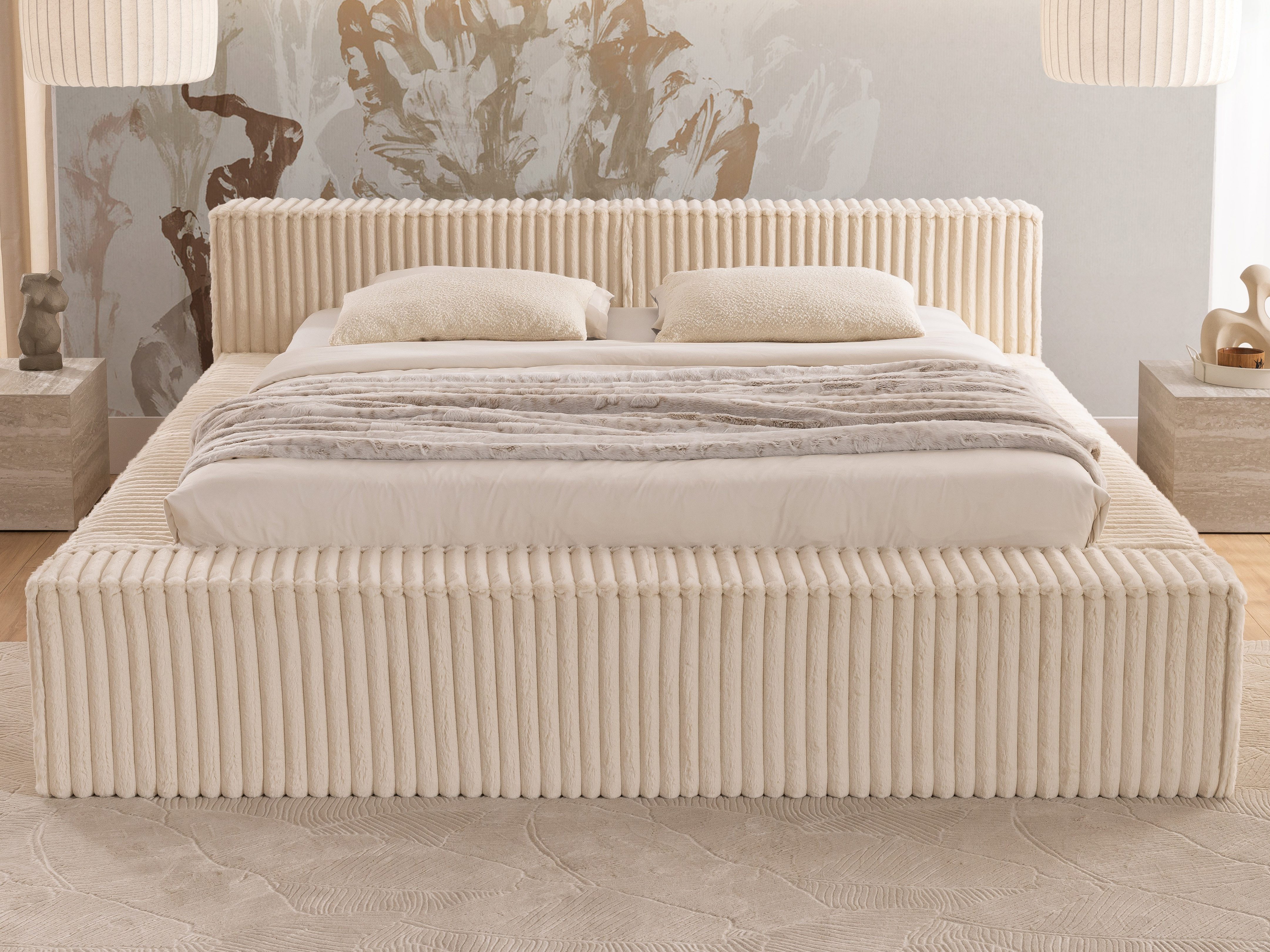 S-Style Möbel Polsterbett Noord aus Plüschcord mit Lattenrost und großem Bettkasten, Plüschcord-Stoff