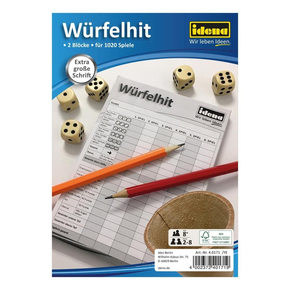 Idena Spiel, Würfelspiel Würfelhit, 2 Spielblöcke Großformat je 85 Blatt 1020 Würfelspiele große Schrift