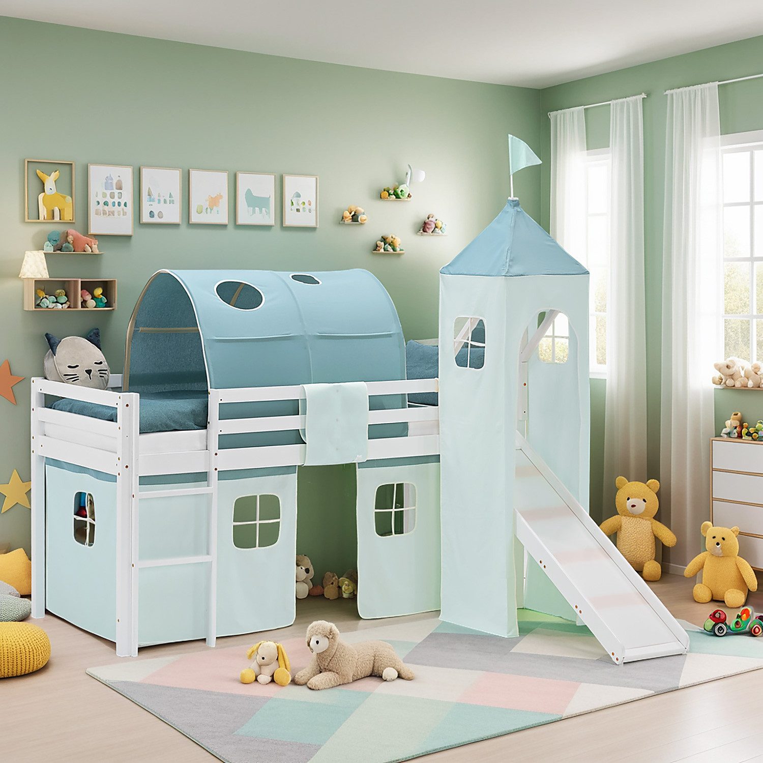 Homestyle4u Hochbett Kinderbett 90x200 Spielbett Kiefer Jungen Weiß Grün Mint Vorhang (Set, mit Rutsche, Tunnel und Turm, Spielbett) mit Rausfallschutz