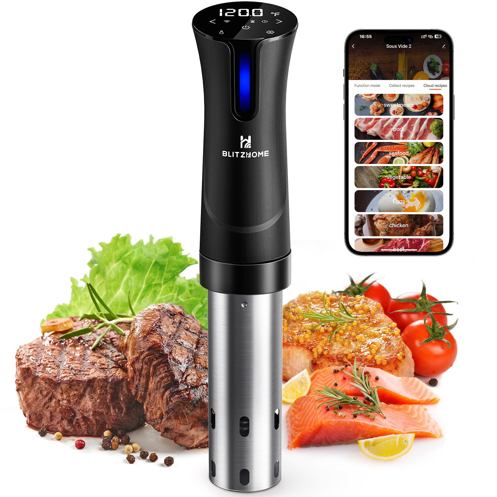 BLiTZWOLF Sous-Vide Stick, WLAN-Steuerung, 1100W, Präzisionskocher mit Timer & Temperaturregelung