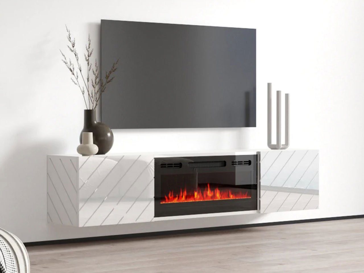 Mirjan24 TV-Schrank Luxe (mit zwei Drehtüren, Elektrische Kamin) Realistische LED-Flamme, Gehärtetes Glas, 183x35x38 cm Weiß / Weiß Hochglanz + Schwarz Hochglanz