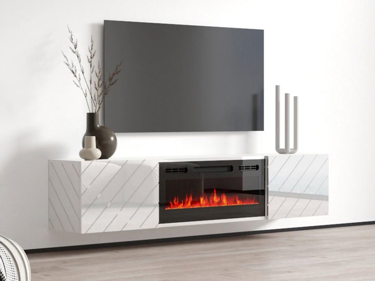 Glas, zwei Schwarz cm / Weiß Elektrische Realistische Kamin) Hochglanz Mirjan24 Drehtüren, + Luxe (mit LED-Flamme, Weiß Hochglanz 183x35x38 TV-Schrank Gehärtetes