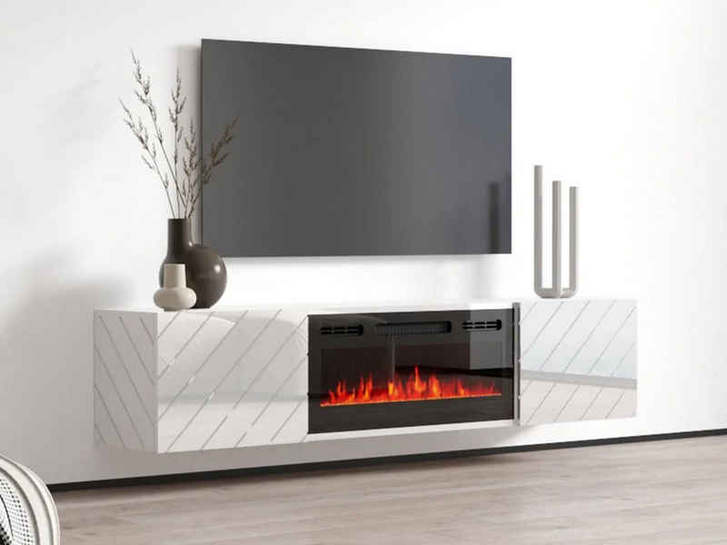 MIRJAN24 TV-Schrank Luxe (mit zwei Drehtüren, Elektrische Kamin) Realistische LED-Flamme, Gehärtetes Glas, 183x35x38 cm