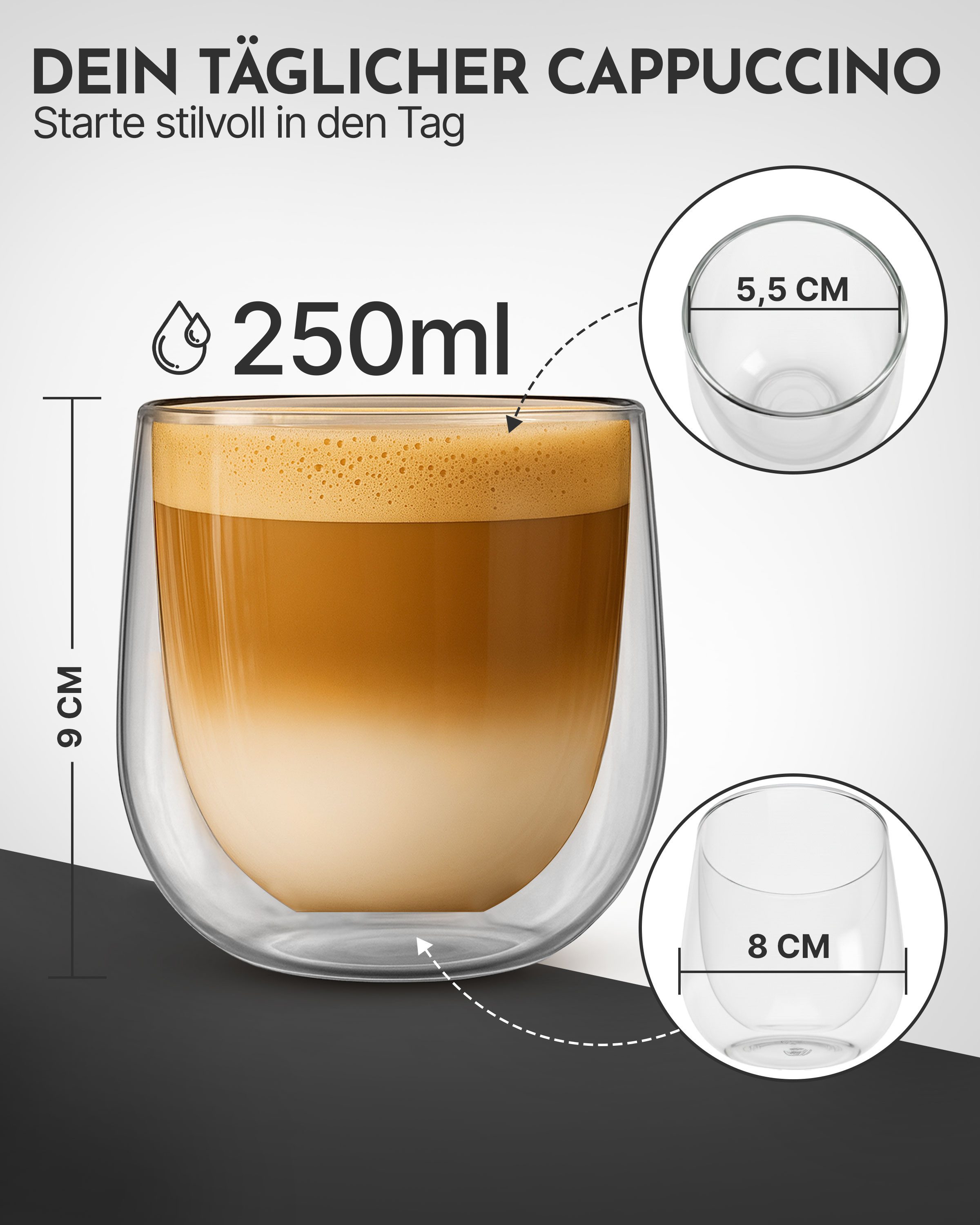 NEOLYMP Thermotasse 4er Set Cappuccino Tassen - Latte Macchiato Gläser doppelwandig, 180 Grad spülmaschinenfest und hitzebeständig - Gastronomie Qualität
