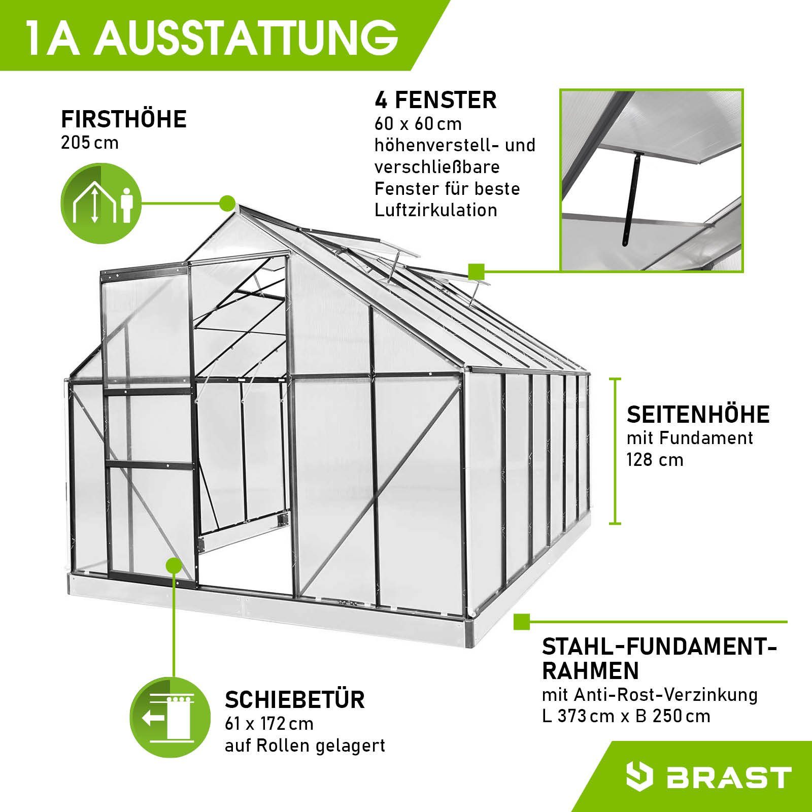 BRAST Gewächshaus ALU mit Fundament rostfrei 380x250x205cm TÜV geprüft, BxTxH: 250 x 380 x 205 cm, wetterfestes hochwertiges Aluminium, Temperaturbeständig, Wärmedämmend, Lichtbrechend & UV-stabilisiert