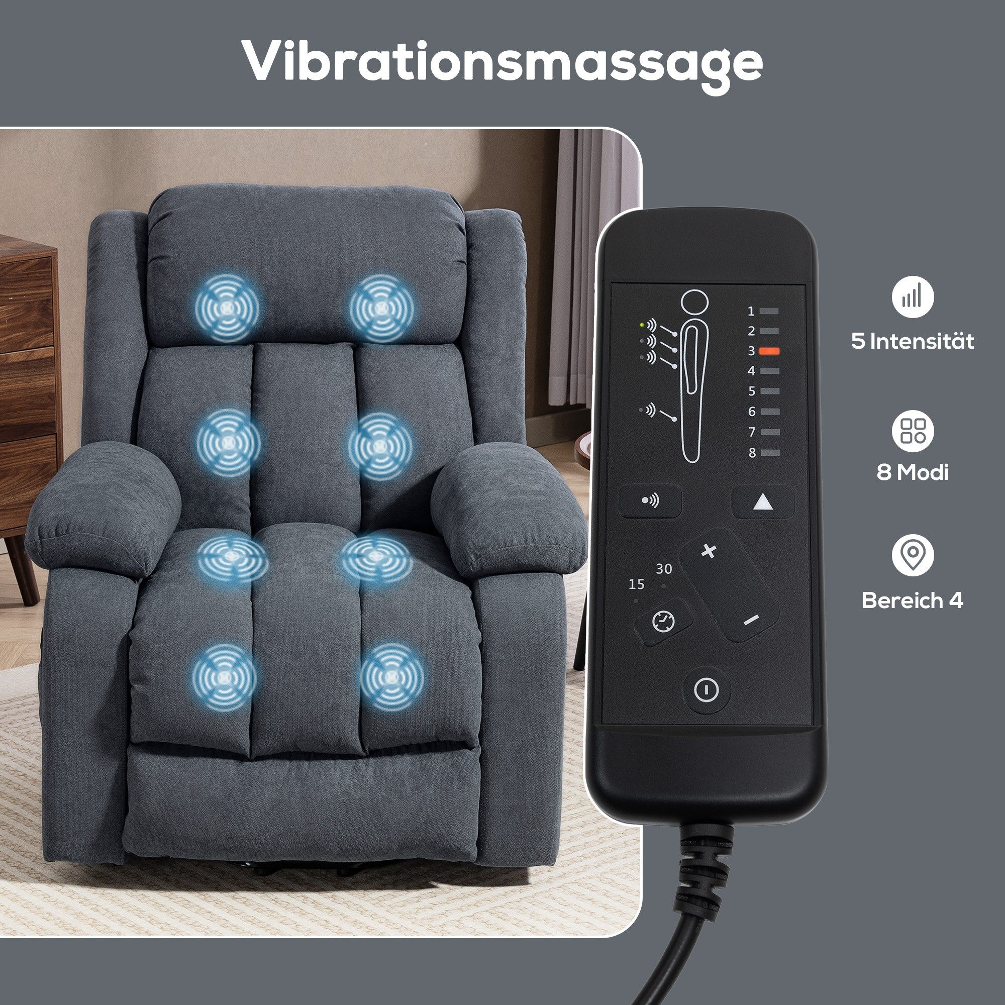 HOMCOM Relaxsessel Massagesessel TV-Sessel mit Liegefunktion, Massagefunktion (Fernsehsessel mit Aufstehhilfe, 1-St., Elektrisch Relaxsessel), mit Fernbedienung – Bild 5 von 5