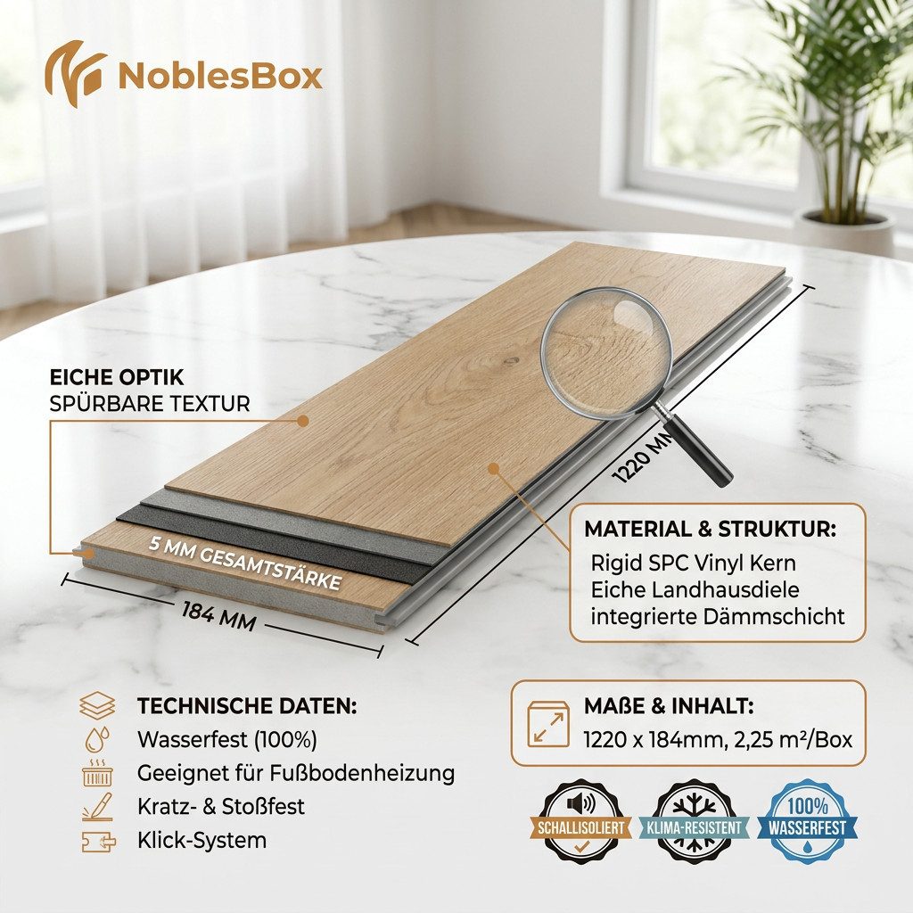 NoblesBox Designboden Klick Vinylboden SPC - Hartvinyl - 4+1mm Wasserfest - 1 mm Isolierung, Für Fußbodenheizung, Hochabriebfest & Klicksystem – Bild 3 von 5