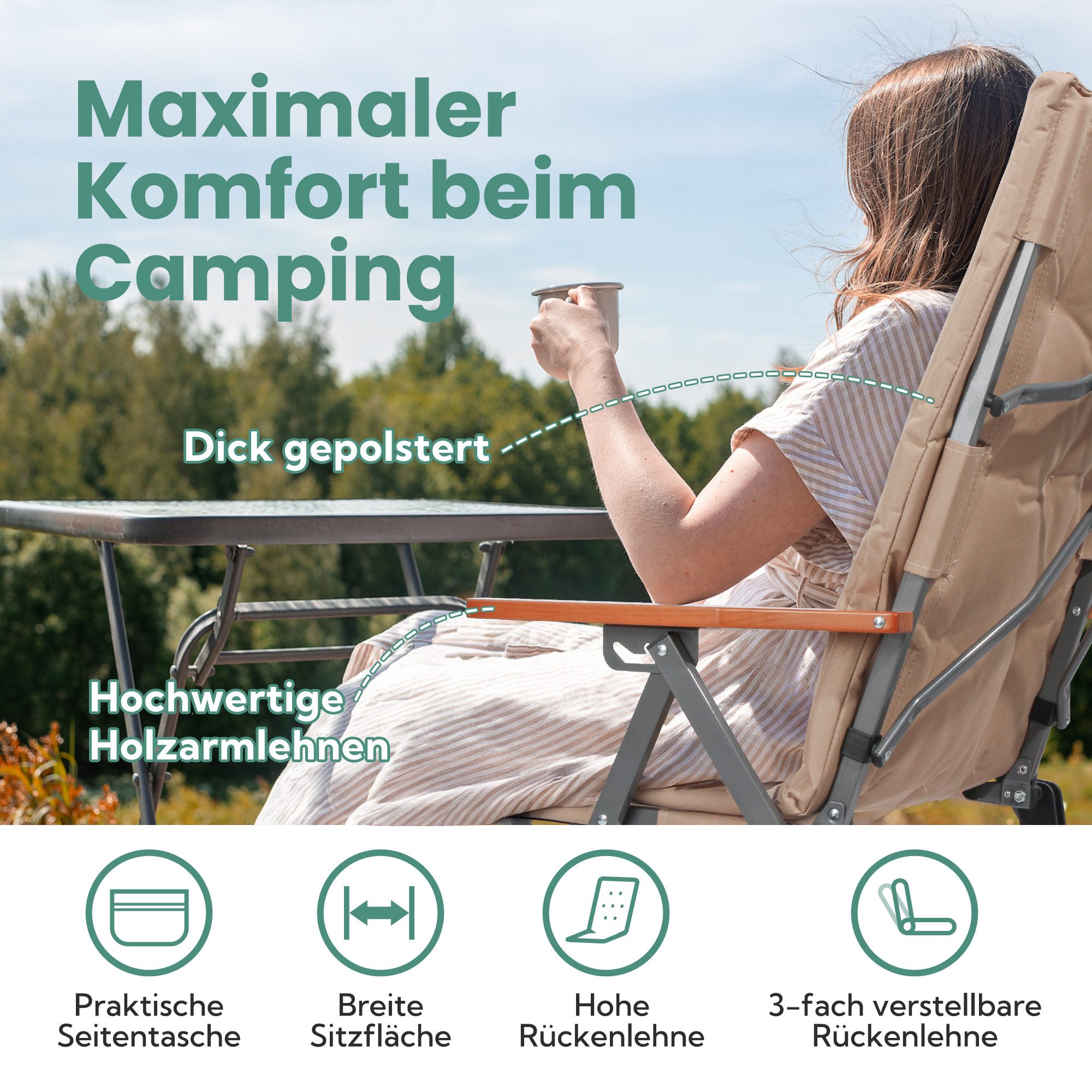 HOMECALL Campingstuhl Faltbar Hochlehner Luxus Klappstuhl mit 4,5cm Dicke Gepolstert (150kg Belastbar mit 3 Positionen Verstellbar Angelstuhl, 1 St), für Garten Balkon Wohnmobil