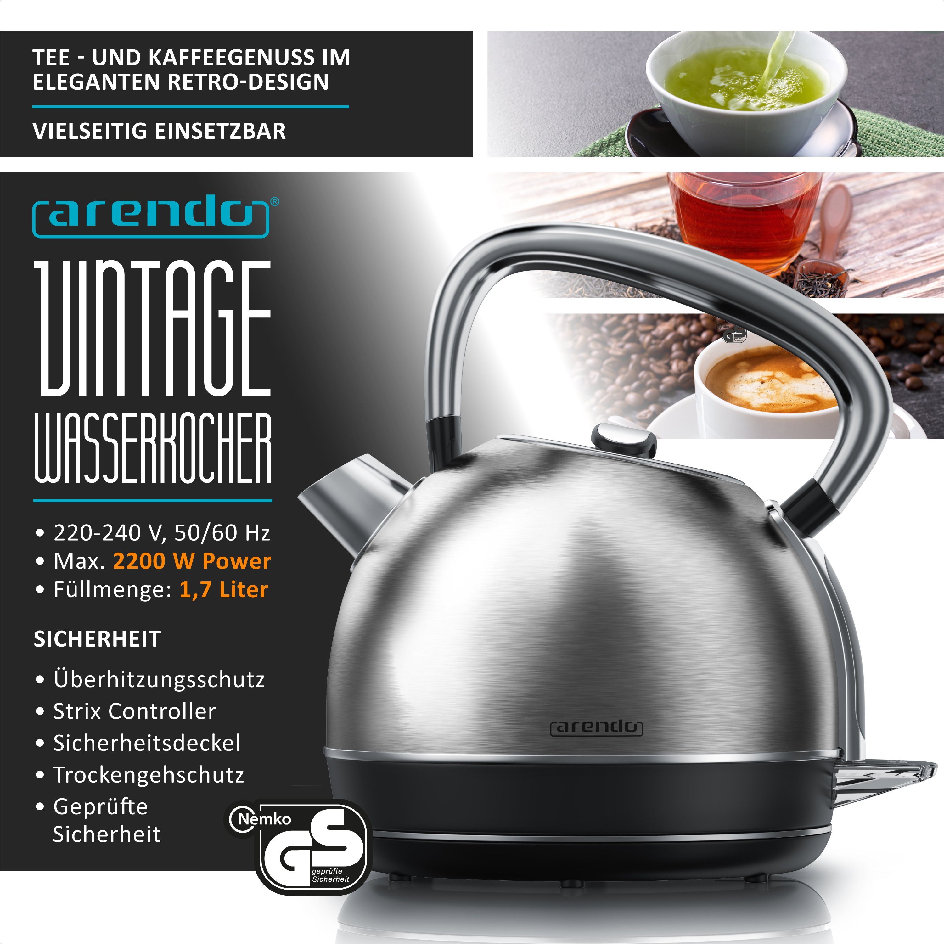 Arendo Frühstücks-Set Edelstahl Wasserkocher 1,7l, 4-Scheiben Kurzschlitz Toaster, silber (2-tlg), Retro Wasserkocher mit Temperatureinstellung, Vintage Toaster – Bild 2 von 5