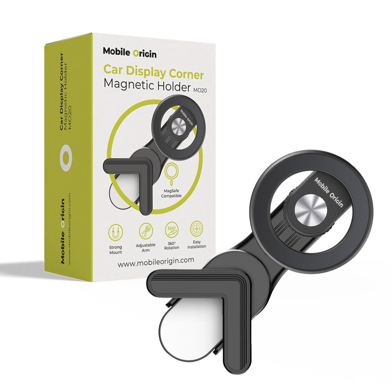Mobile Origin Handy-Halterung Magnetische Autohalterung für die Ecke des Bildschirms Mobile Origin, (bis 6.8 Zoll, MagSafe-Kompatibilität, Platzsparende Display-Eckmontage)