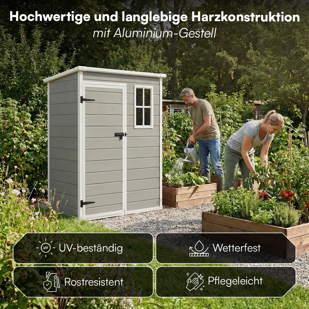 STEELSØN Gerätehaus Novara Gartenhaus mit Bodenplatte, wetterfest, Schuppen inkl. Fenster, Grau, Geräteschuppen mit Pultdach L, Gartenschuppen aus Kunststoff – Bild 4 von 5