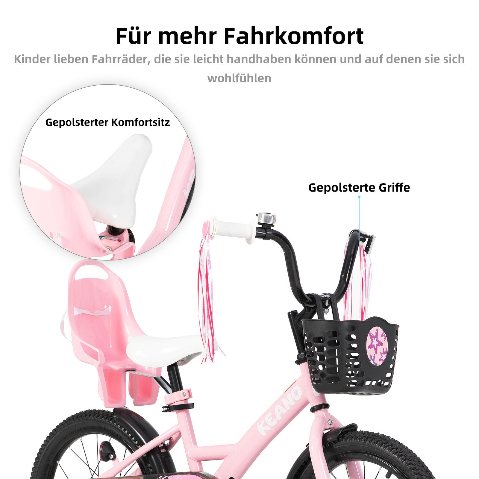 JOYSTAR Kinderfahrrad Mädchenfahrrad 14/16/18/20 Zoll mit Hochkarbonstahlrahmen, mit Puppensitz und Korb,Stützräder, Luftschlangen, Schutzblechen – Bild 4 von 5