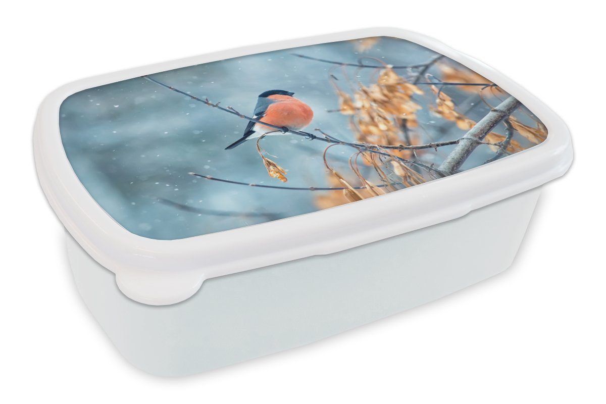 MuchoWow Lunchbox Schnee - Vogel - Tier, Kunststoff, (2-tlg), Brotbox für Kinder und Erwachsene, Brotdose, für Jungs und Mädchen weiß