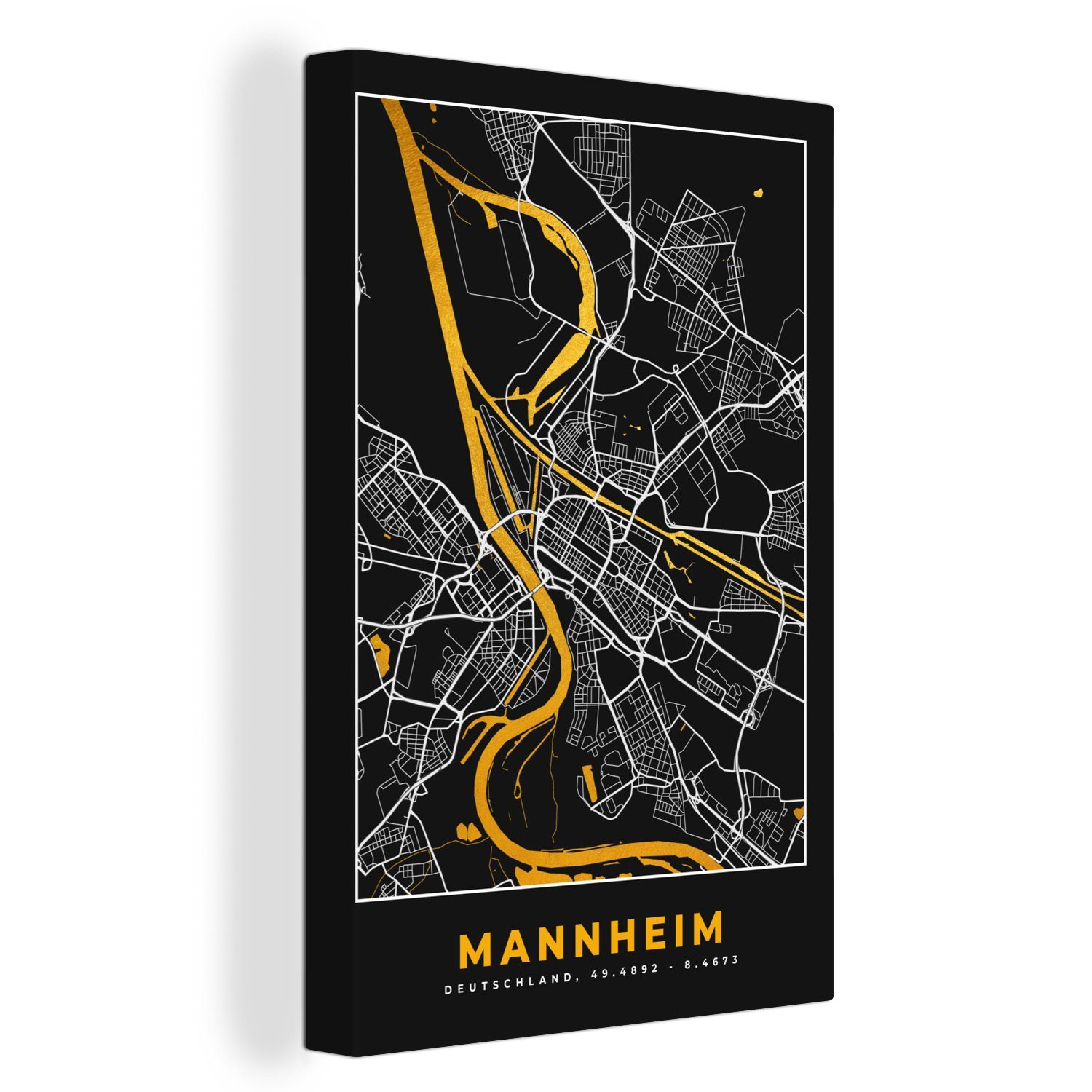 OneMillionCanvasses® Leinwandbild Mannheim - Gold - Karte - Deutschland, (1 St), Leinwandbild fertig bespannt inkl. Zackenaufhänger, Gemälde, 20x30 cm